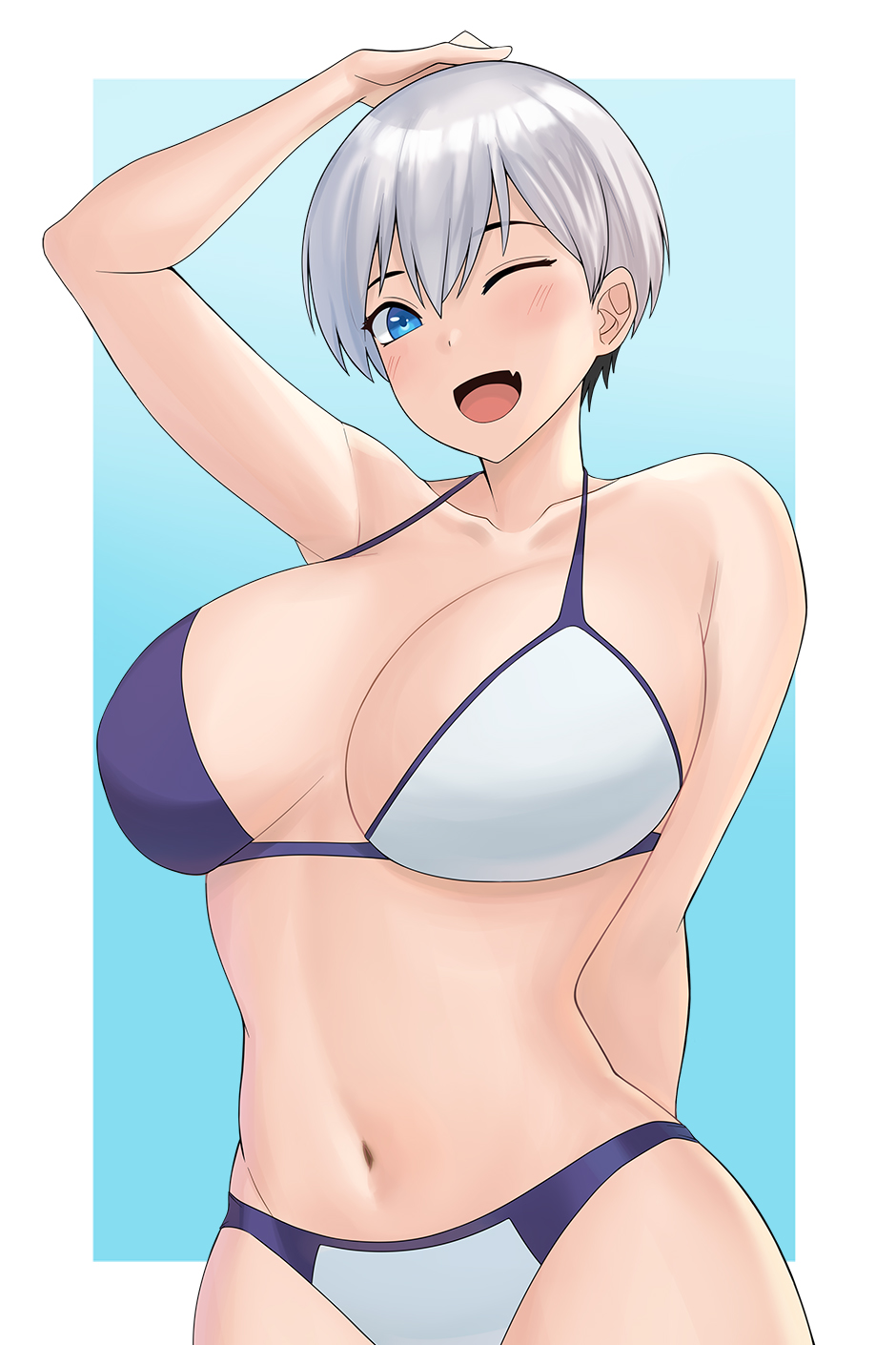 1girls aori_sora big_breasts bikini blue_eyes blush bra breasts cleavage female female_only large_breasts navel one_eye_closed open_mouth silver_hair solo solo_female tagme uzaki-chan_wa_asobitai! uzaki_hana