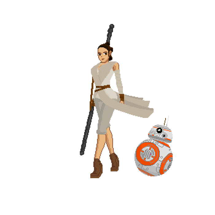 bb-8 female female_focus infinityyul pixel_art rey staff star_wars the_force_awakens transparent_background walking weapon