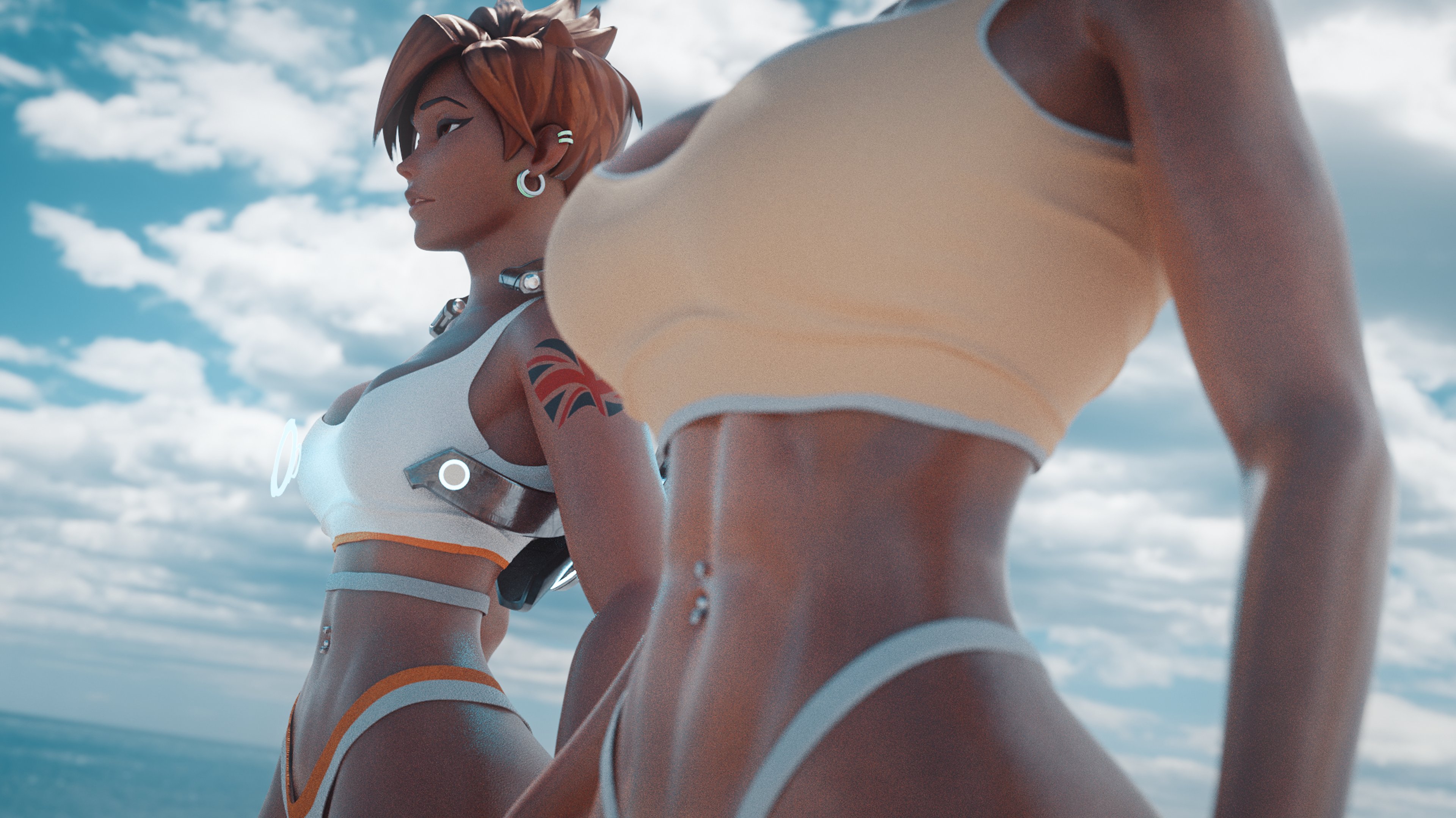2girls, 3d, 4k, abs, absurdres, belly button, belly button piercing, big breasts, blender, breasts, cleavage, clothed, female, female only, fit, fit female, highleg, highres, hourglass figure, kisxsfm, large breasts, mercy, muscular, muscular female, overwatch, tan, thong, tracer, wallpaper