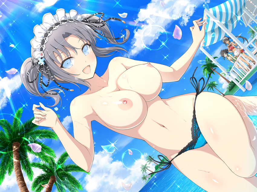 3girls, areola, asuka (senran kagura), beach, bikini, bikini top removed, blush, breasts, bubbles, cloud, female, grey hair, highres, homura (senran kagura), large breasts, light blue eyes, multiple females, multiple girls, navel, nipples, petals, pigtails, senran kagura, shiny skin, sky, smile, sparkles, sunlight, thighs, third-party edit, tongue, topless, water, wet, yaegashi nan, yumi (senran kagura)