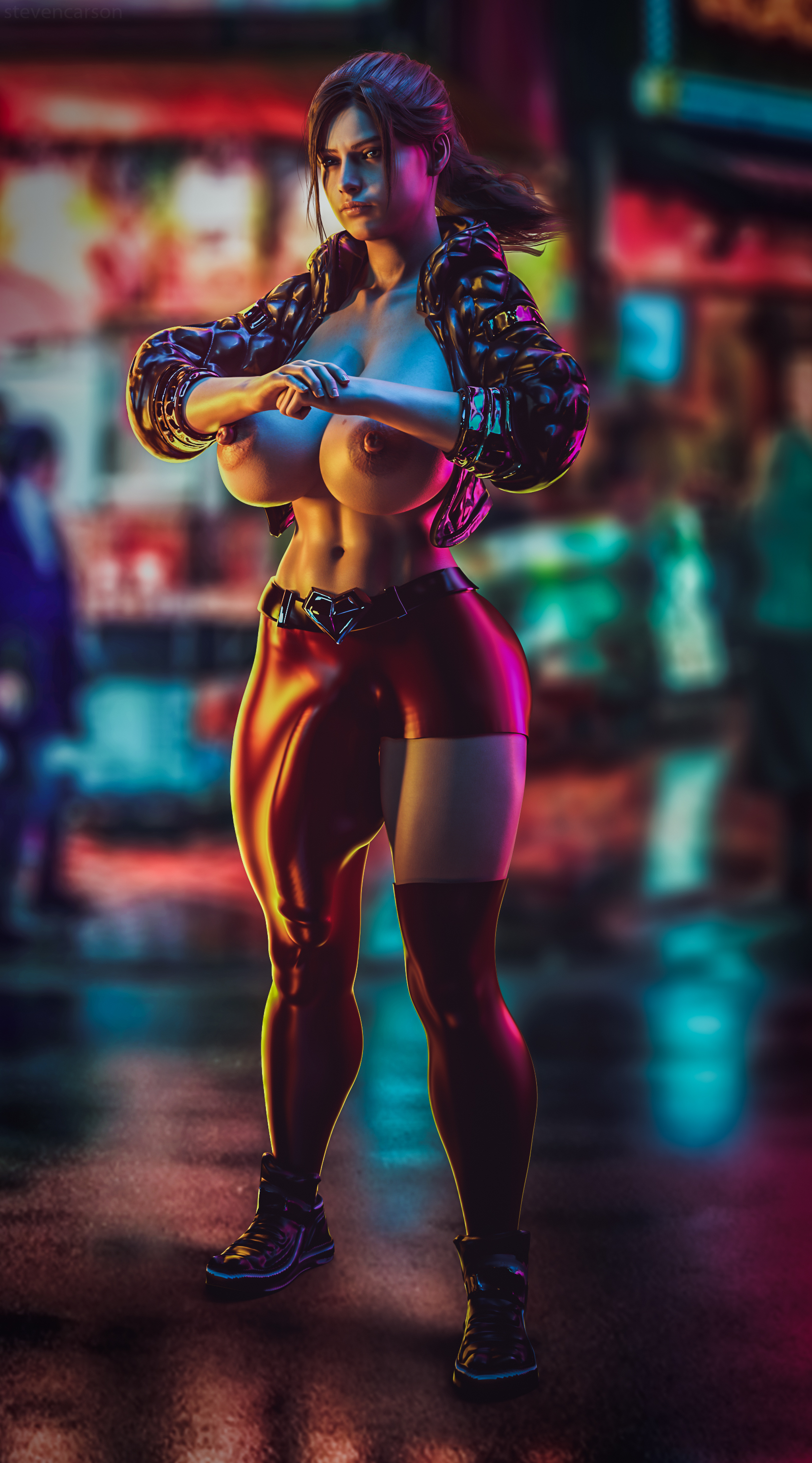 1futa, 3d, absurdres, areolae, balls, balls bulge, balls under clothes, breasts, bulge, cameltail, claire redfield, curvy, erect nipples, flaccid, futa only, futanari, highres, huge breasts, huge cock, huge penis, intersex, large areolae, large balls, nipples, penis, penis bulge, penis under clothes, realistic, resident evil, resident evil 2, solo, solo futa, spread legs, standing, stevencarson