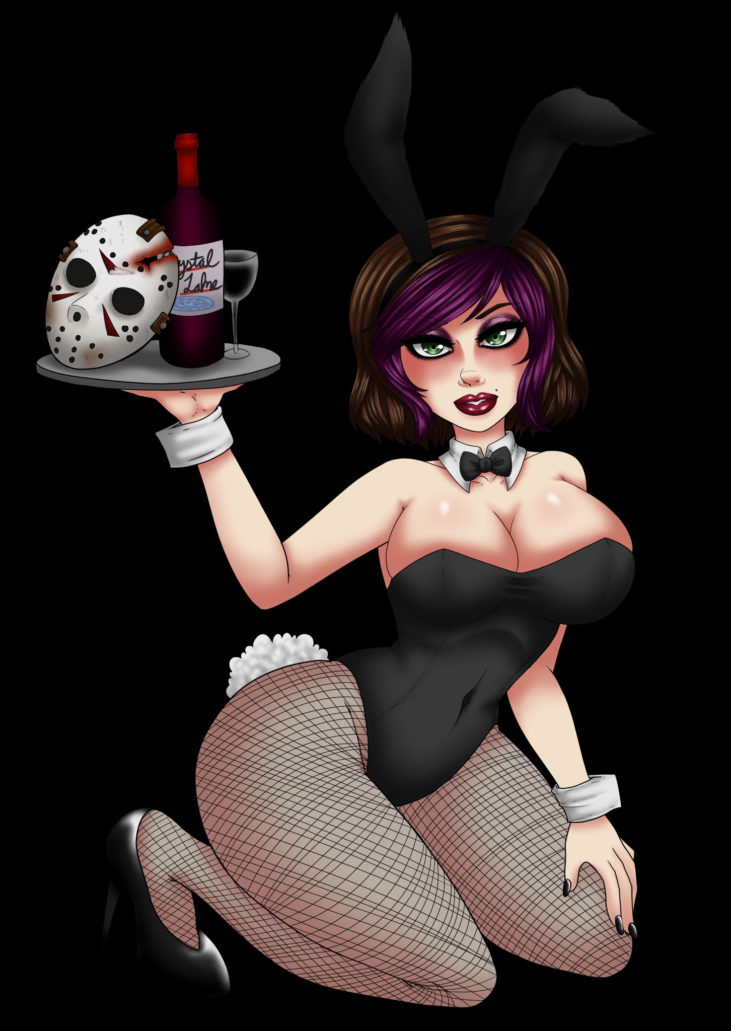 1girls, a.j. mason, ass, beauty mark, big breasts, black background, black nails, bowtie, breasts, bunny ears, bunny girl, bunny tail, bunnysuit, busty, cleavage, cosplay, cup, curvaceous, curves, curvy, curvy figure, dark background, female, female focus, female only, fishnet legwear, fishnet pantyhose, fishnets, friday the 13th, friday the 13th: the game, gatorchan, glass, glass cup, goth, green eyes, high heels, hockey mask, hourglass figure, large breasts, light skin, light-skinned female, lipstick, looking at viewer, mask, mole, mole above mouth, multicolored hair, outfit, pantyhose, purple hair, red lips, red lipstick, simple background, thick ass, thick legs, thick thighs, water, wide hips, wine glass