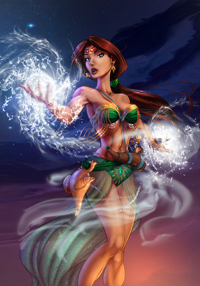 1girls arabian arabian_clothes back_skirt belly belly_dancer belly_dancer_outfit brown_hair chris_ehnot dancer dancer_outfit dancing david_delanty female genie_lamp green_eyes harem_outfit horn jewelry long_hair magic medium_breasts navel navel_piercing original original_character water_magician