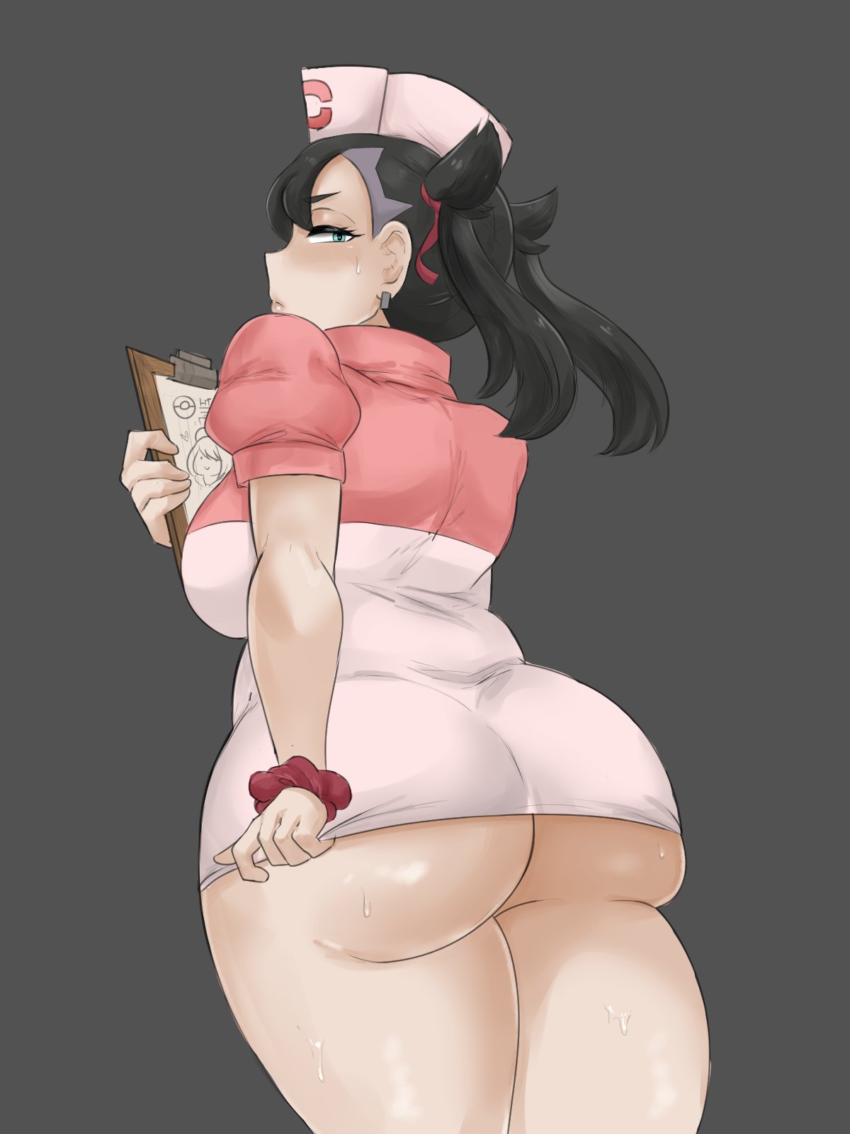 1girls ass big_ass big_breasts black_hair blush breasts favorite female hair_ribbon huge_ass ineffective_clothing large_ass looking_back marnie_(pokemon) nintendo nurse nurse_cap nurse_uniform pale-skinned_female pale_skin pawg pokemon pokemon_ss solo thick_thighs thighs tight_clothing twintails wide_hips yesevilberry