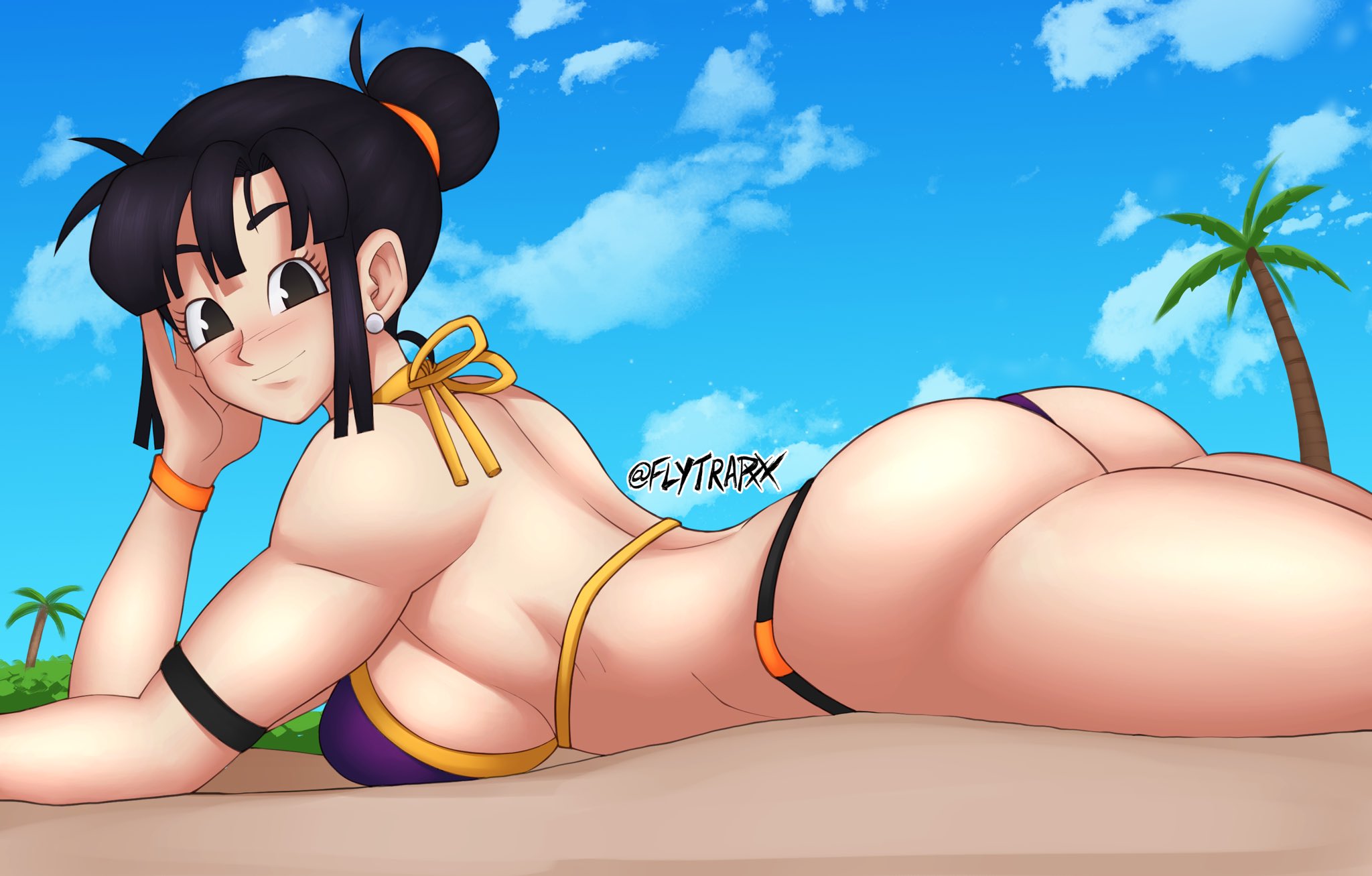 1girls, ass, big ass, big breasts, bikini, black eyes, black hair, breasts, chichi, dragon ball, dragon ball z, eye contact, female, female only, flytrapxx, light skin, light-skinned female, looking at viewer, pale skin, pale-skinned female, smile, solo, thick ass, thick thighs, thighs, thong bikini