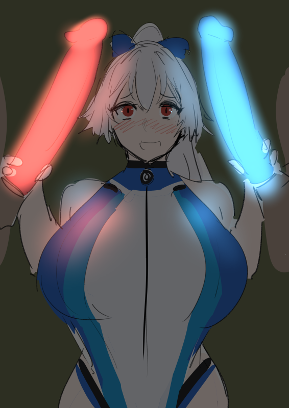 1girls, 2boys, big penis, blue penis, blue ribbon, blush, breasts, cleavage, condom, condom on penis, fate (series), fate/grand order, female, flustered, full cleavage, glowing, hand on penis, holding penis, huge breasts, huge cock, kunaboto, large breasts, long penis, male, navel line, penis, platinum blonde hair, red eyes, red penis, silver hair, sketch, sling bikini, swimsuit, tomoe gozen (fate), tomoe gozen (swimsuit saber), venus body