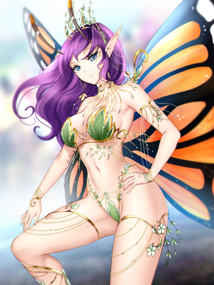 1girls antennae belly blue_eyes butterfly_wings cleavage fairy female gigamessy jewelry large_breasts leaf_bikini long_hair lots_of_jewelry navel original original_character pointy_ears purple_hair revealing_clothes