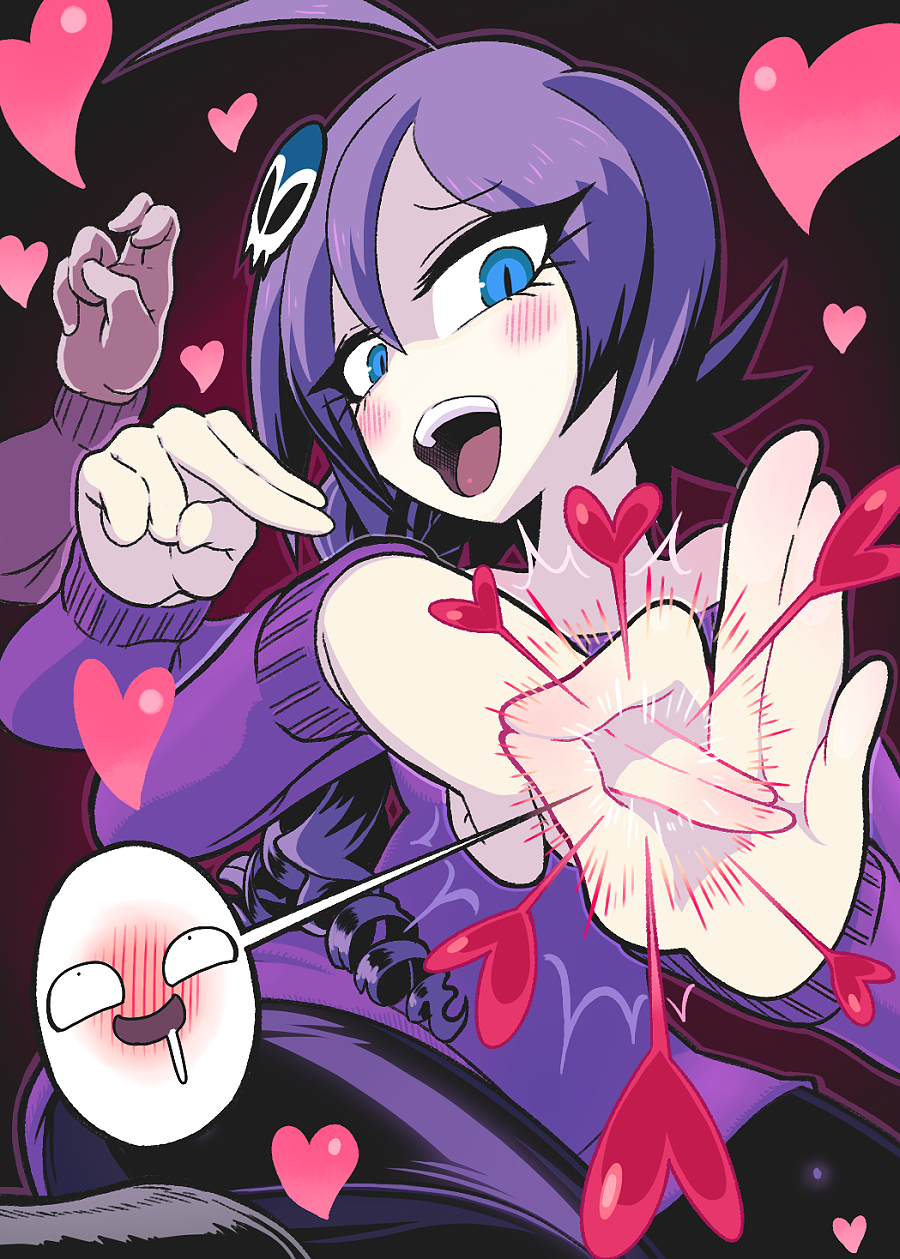 1girls, ahe gao, ahoge, bare shoulders, black legwear, blue eyes, blush, boots, borrowed character, braid, dress, eyelashes, female, gashi-gashi, hair ornament, heart, highres, legwear, long hair, off shoulder, off-shoulder sweater, original, pantyhose, penetration gesture, purple hair, sex gesture, sexually suggestive, single braid, skull hair ornament, solo, sweater, sweater dress, zone-tan