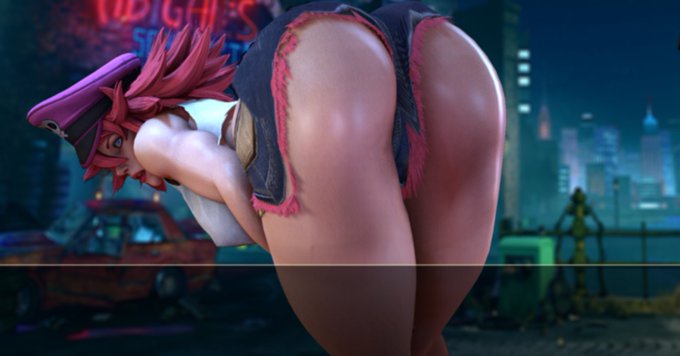1girls, 3d, ass, bent over, big ass, blue eyes, booty shorts, capcom, female, female only, final fight, pink hair, poison (final fight), solo, solo female, stoneddude, street fighter, street fighter v, thick thighs