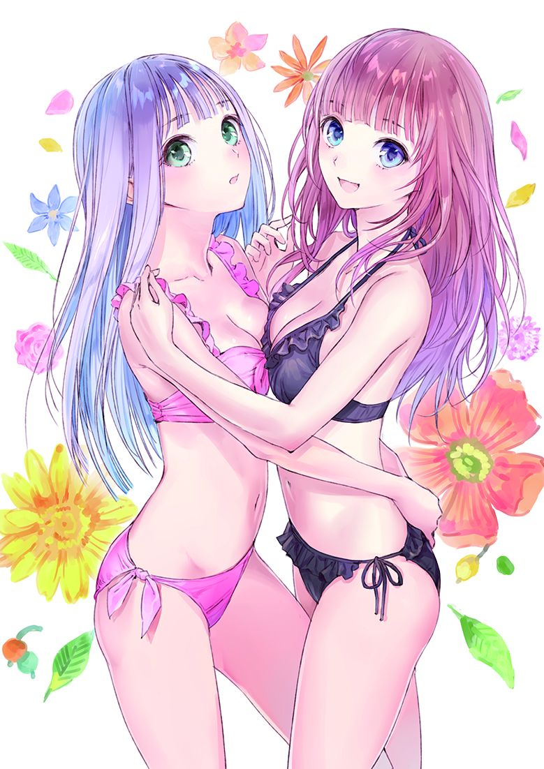 2girls aqua_eyes atelier_(series) atelier_lulua bangs bare_arms bare_shoulders bikini black_bikini blue_eyes blue_hair breasts cleavage collarbone elmerulia_fryxell eyebrows_visible_through_hair floral_background frilled_bikini frills halterneck hug kishida_mel leaf long_hair looking_at_viewer medium_breasts mother_and_daughter multiple_girls navel official_art open_mouth petals pink_bikini red_hair rororina_fryxell shiny shiny_hair side-tie_bikini simple_background smile stomach string_bikini swimsuit thighs white_background