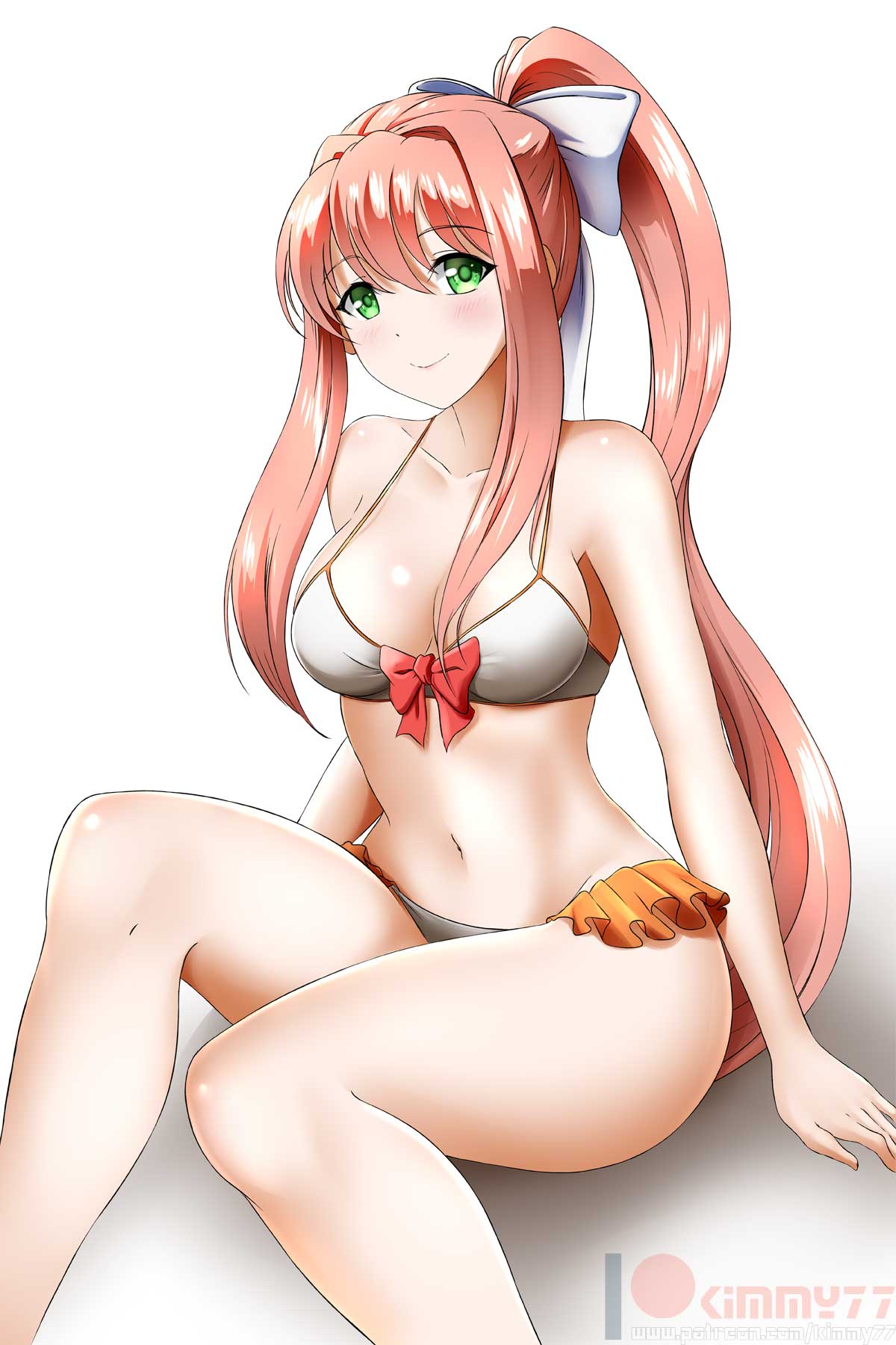 1girls, bikini, boobs, breasts, brown hair, cleavage, doki doki literature club, female, female only, green eyes, kimmy77, looking at viewer, monika (doki doki literature club), ponytail, ribbon, sitting, smile, smiling, solo, solo female, solo focus, swimsuit, tits, white background, white bikini, white bikini bottom, white bikini top, white ribbon, white swimsuit