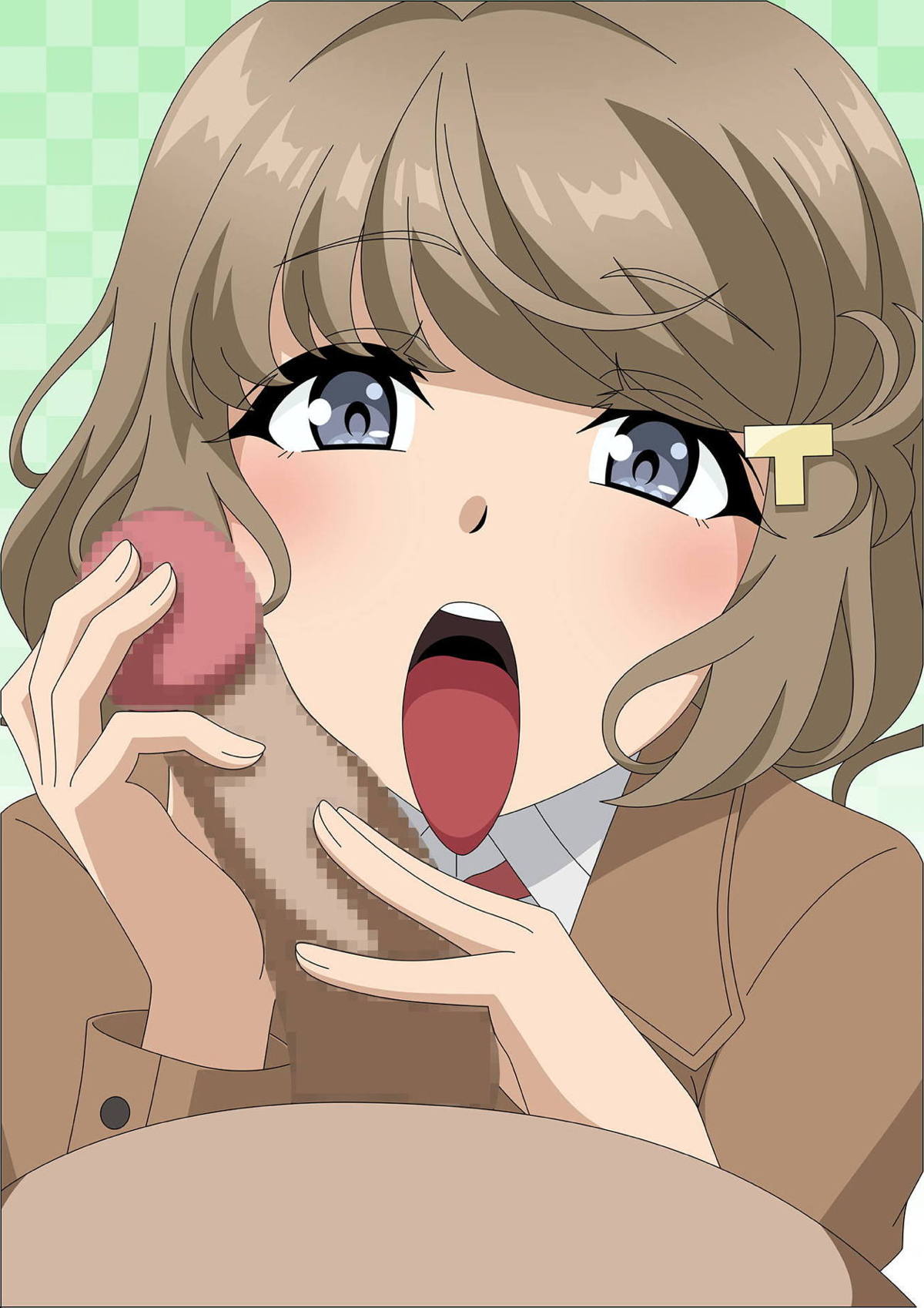 1boy atelier_gons blush brown_hair censored female grey_eyes hairclip hands_on_penis imminent_oral looking_at_viewer mosaic_censoring open_mouth penis seishun_buta_yarou_wa_bunny_girl_senpai_no_yume_wo_minai short_hair throat tomoe_koga tongue tongue_out uniform