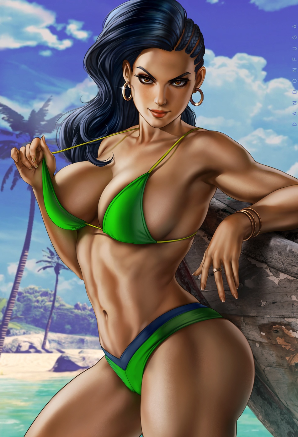 1girls, abs, ass, beach, big ass, big breasts, bikini, bikini pull, bikini top, black hair, bracelet, bracelets, brazilian, brazilian female, breasts, brown eyes, capcom, clothed, clothing, dandon fuga, dark skin, dark-skinned female, earrings, female, female only, golden bracelet, golden earrings, green bra, green panties, hoop earrings, human, human only, jewelry, large breasts, latina, laura matsuda, long hair, looking at viewer, navel, palm tree, pov, ring, smile, solo, solo female, solo focus, standing, street fighter, street fighter v, swimsuit, thick thighs
