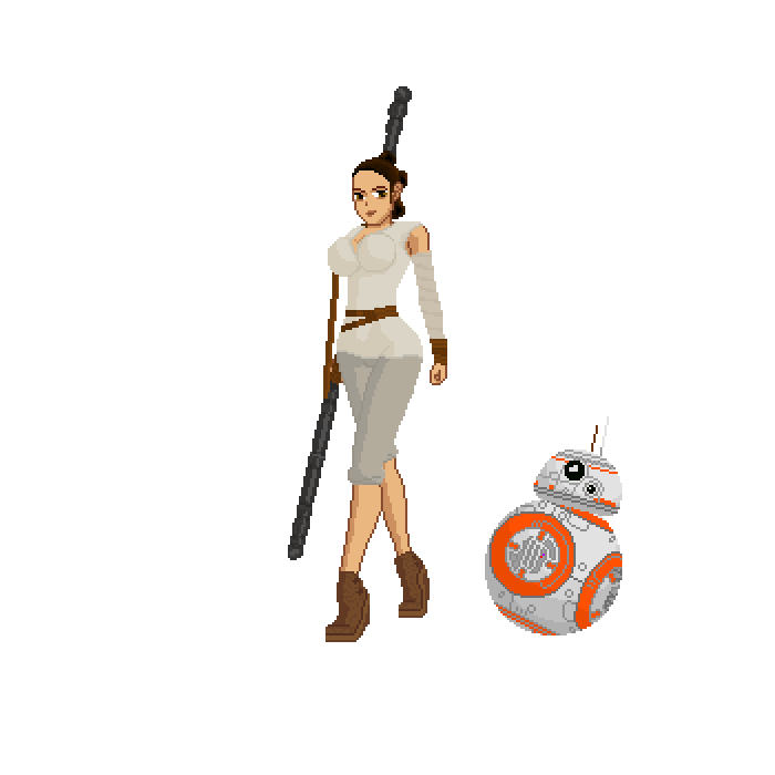 bb-8 clothed clothing female female_focus infinityyul pixel_art rey staff star_wars the_force_awakens the_last_jedi transparent_background walking weapon