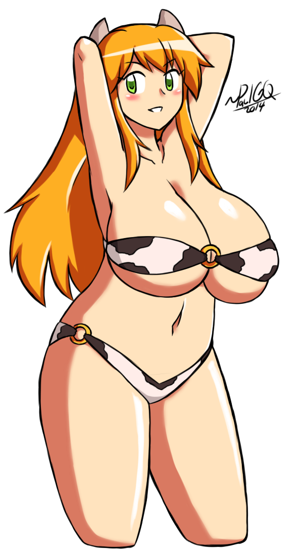 1girls bandeau bandeau_bikini belly cleavage cow_bikini cow_girl cow_horns cow_print female front-tie_top green_eyes hands_behind_head hucow huge_breasts miranda_(gq) navel orange_hair original original_character paulgq thick_thighs voluptuous