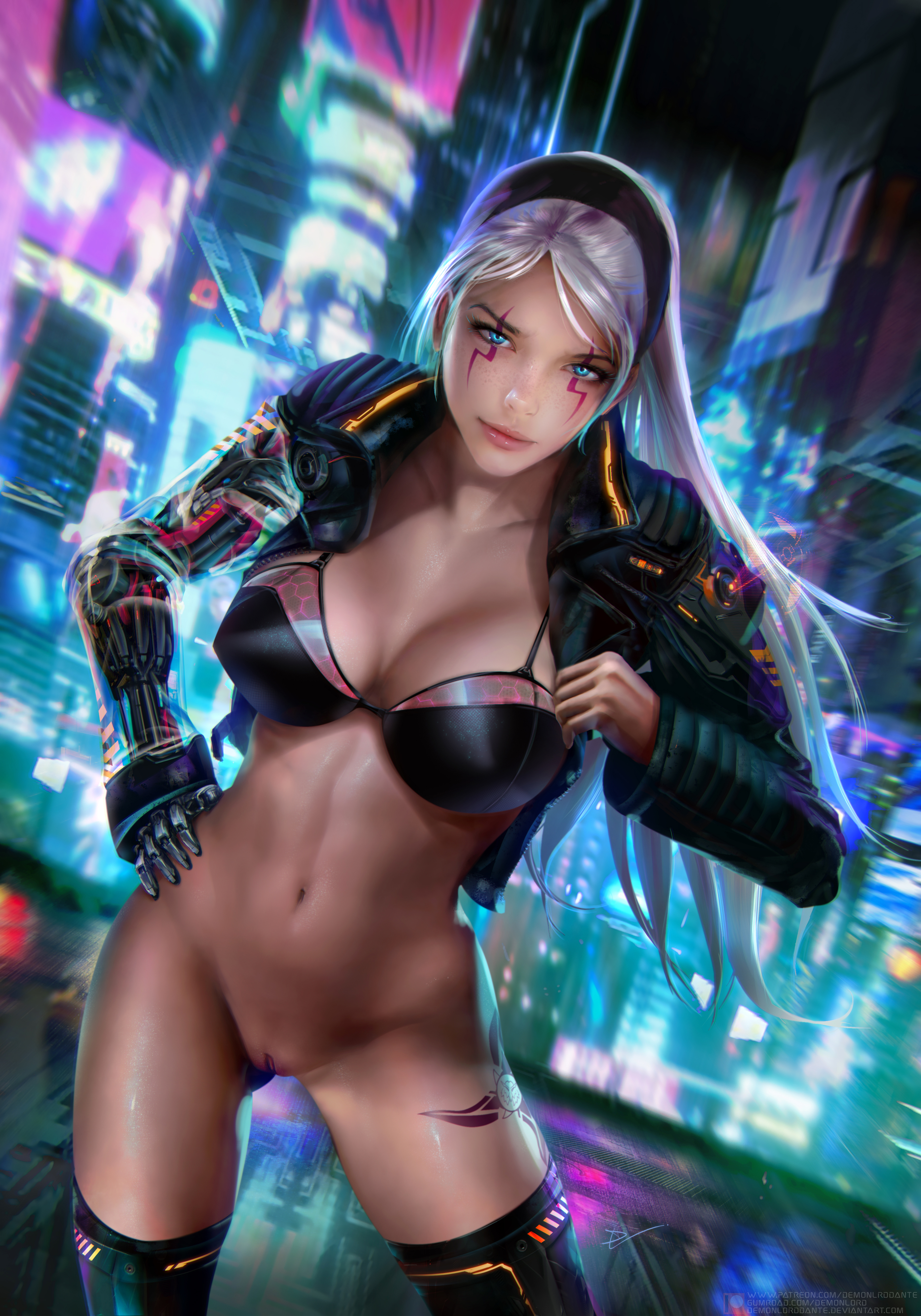 alunora, blizzard entertainment, blue eyes, bottomless, cybernetic arm, cybernetics, cyberpunk, cyberpunk 2077, demonlorddante, female, original character, pussy, realistic, roleplay character, shaved pussy, vagina, warcraft, white hair, world of warcraft, wow