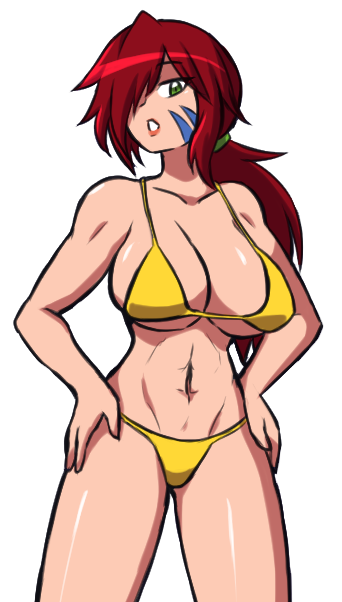 1girls abs bikini facepaint female fit fit_female green_eyes hands_on_hips large_breasts muscular_female one_eye_covered original original_character paulgq ponytail red_hair yellow_bikini