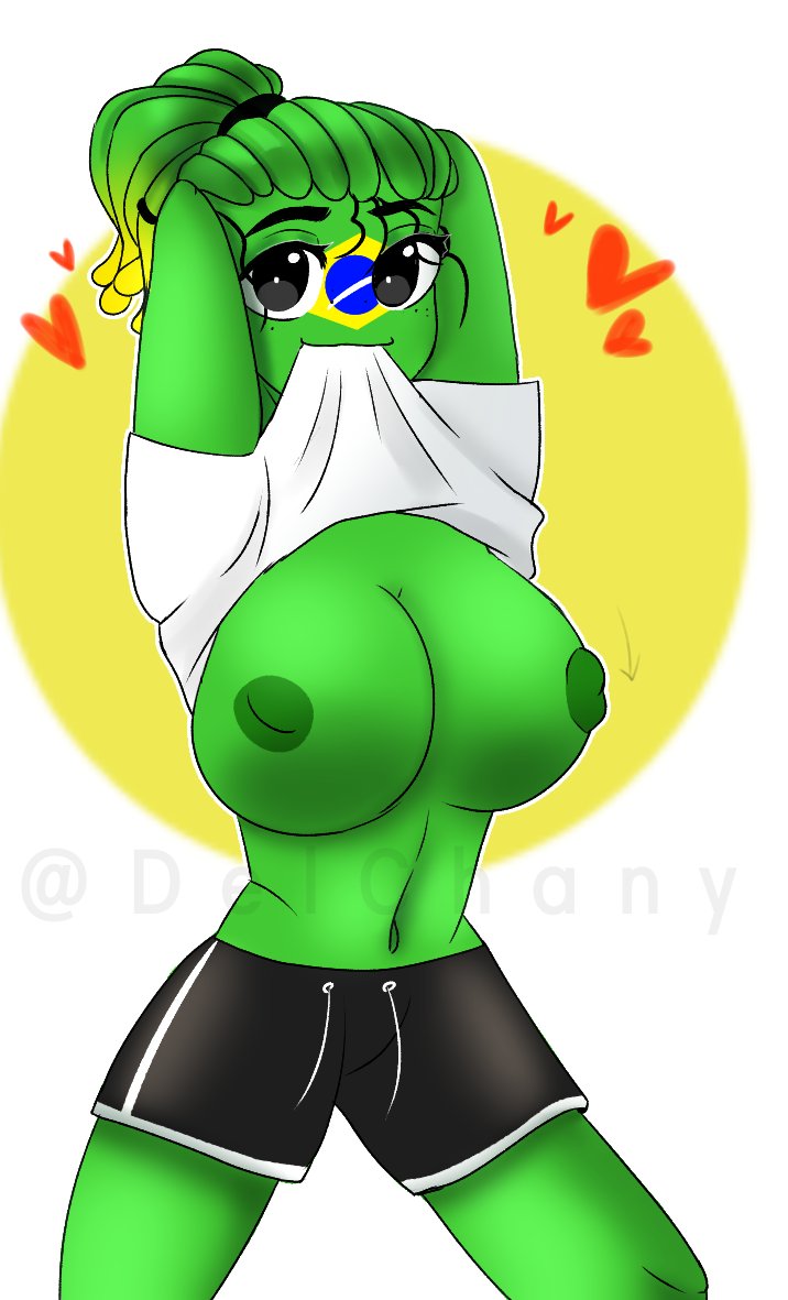 1girls, big breasts, brazil, brazil (countryhumans), brazilian flag, breasts, countryhumans, countryhumans girl, female, green skin, nipples, soccer uniform, solo, tagme