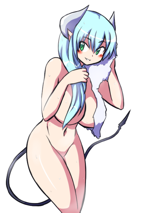 1girls belly blue_hair curvy demon_girl demon_horns demon_tail drying_hair female green_eyes huge_breasts long_hair navel original original_character paulgq towel voluptuous