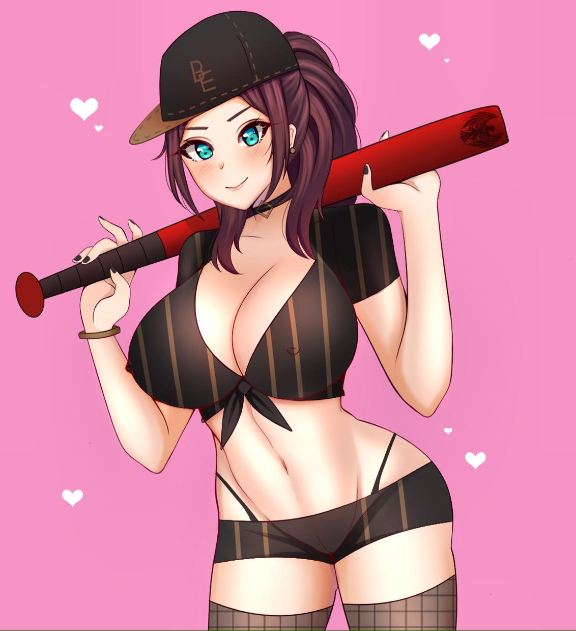 1girls alternate_costume bare_shoulders baseball_(sport) baseball_bat baseball_cap blush brown_hair cleavage dorothea_arnault female fire_emblem fire_emblem:_three_houses fishnet_stockings fishnets green_eyes hat huge_breasts jxal large_breasts light_blush looking_at_viewer nipple_bulge nipples panties ponytail shirt shorts solo thighhighs