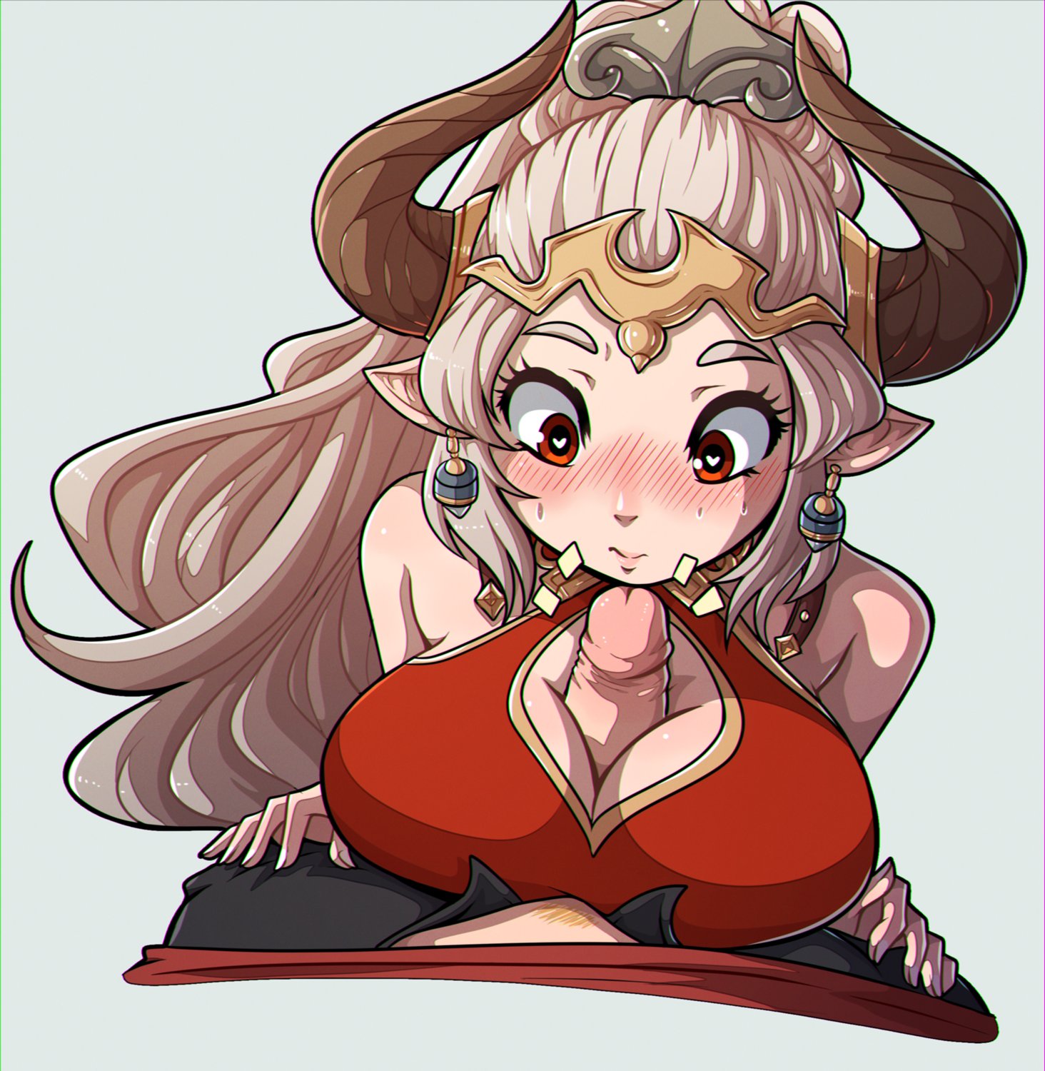 1boy, 1girls, aliza (granblue fantasy), blonde pubic hair, breasts, cleavage cutout, clothing, draph, draph race (granblue fantasy), earrings, female, female focus, granblue fantasy, headwear, heart-shaped pupils, horns, humanoid, kinkymation, long hair, looking at penis, male, outercourse, paizuri, paizuri under clothes, penis, pointy ears, ponytail, pubic hair, red eyes, sweatdrop, white eyebrows, white hair