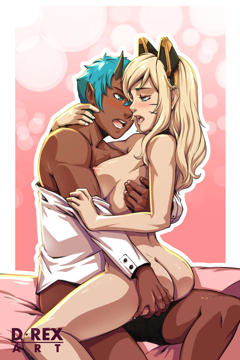 artist name, ass, ass grab, bangs, blonde hair, borrowed character, breasts, commentary, d-rex, dark skin, dark-skinned male, female, from side, hair ornament, highres, interracial, large breasts, male, nipples, off shoulder, off-shoulder shirt, open mouth, original, sex, shirt, short hair, straight, whisker markings, white shirt