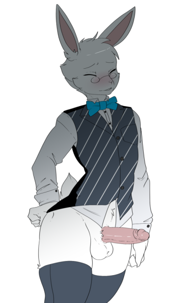 1boy balls blush bottomless bowtie dress_shirt glasses lagomorph male male_only munks_(artist) penis shadow shirt_pull testicles thighhighs transparent_background vest