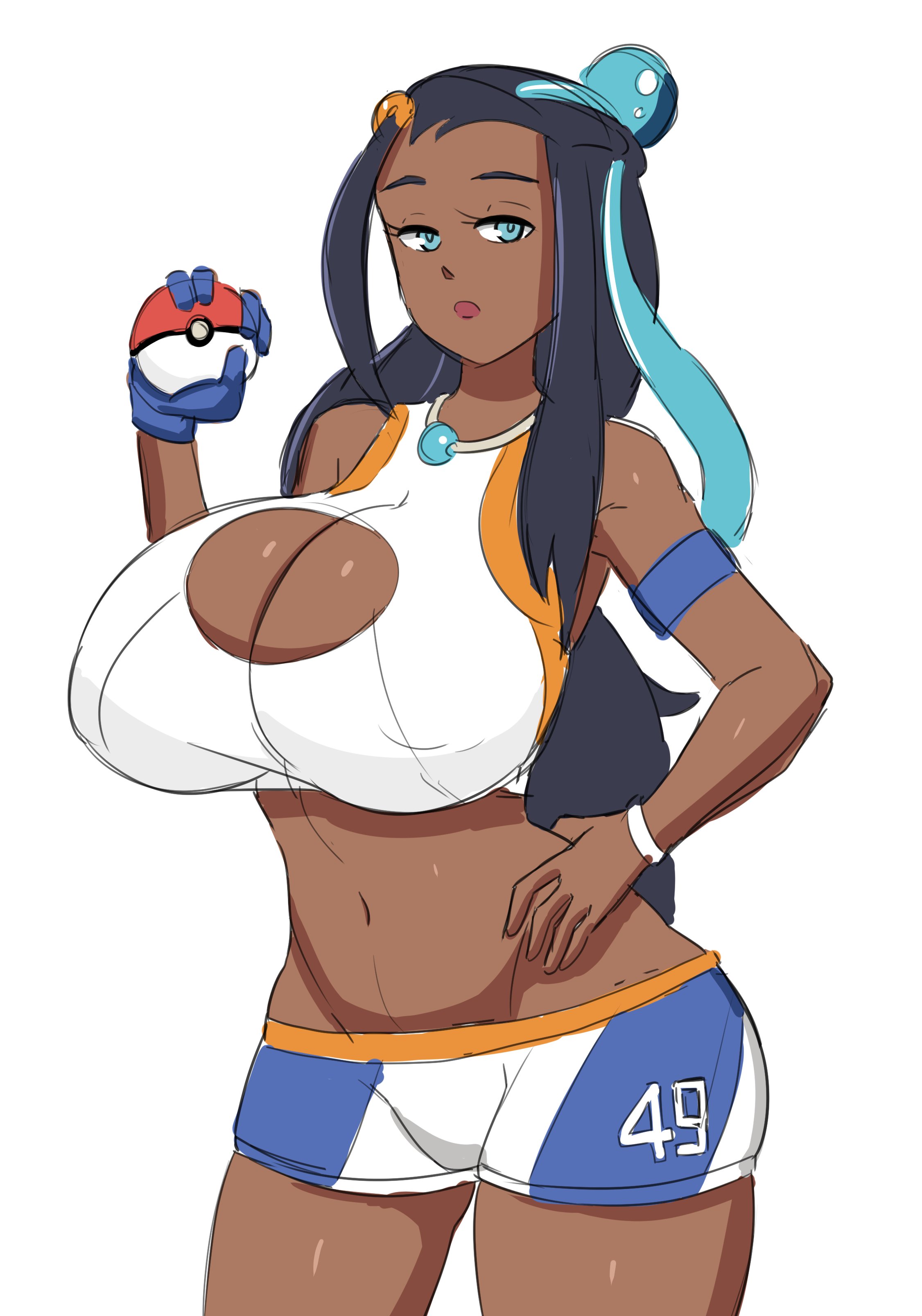 1girls, big breasts, blue eyes, blue hair, breasts, dark skin, dark-skinned female, female, holding poke ball, huge breasts, large breasts, minishorts, nessa (pokemon), nintendo, pokemon, pokemon ss, rexcrash64, shorts, thick thighs, two-tone hair, white background