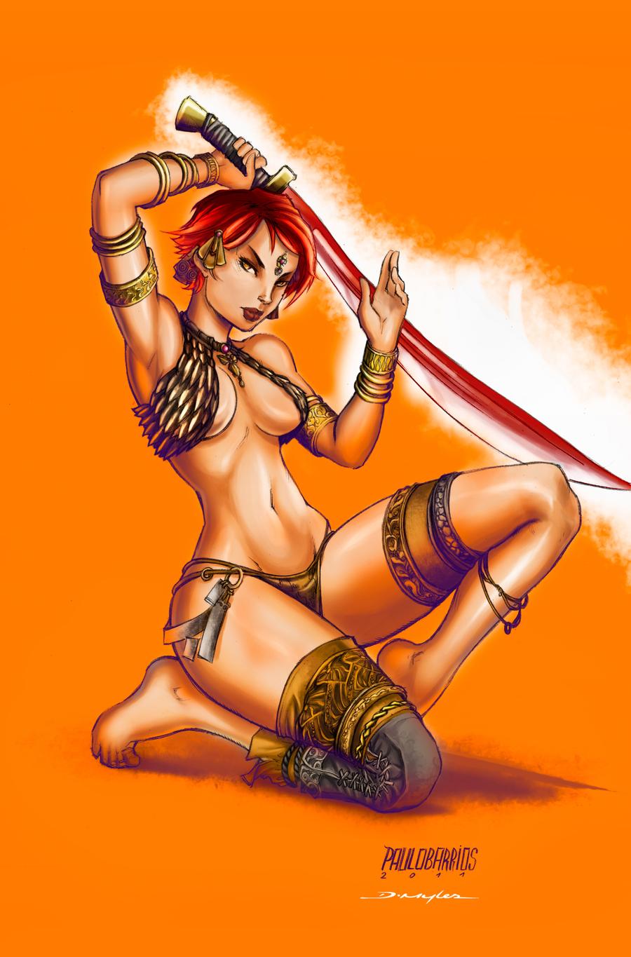 1girls amber_eyes armband armwear barefoot belly bocas_top detached_leggings devon_myles female large_breasts legwear loincloth navel paulo_barrios red_hair short_hair sword warrior