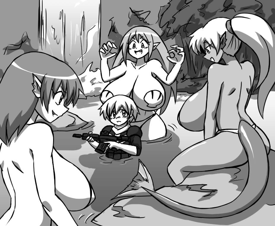 1boy 3girls black_and_white curvy fish_girl fish_tail forest gun height_difference huge_breasts imminent_sex imminent_threesome long_hair original original_characters pasties paulgq pond pony_tail seashell_pasties short_hair size_difference soldier voluptuous water waterfall