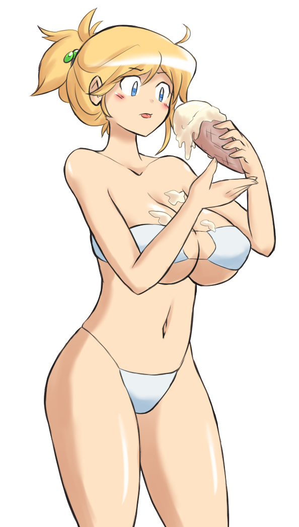 1girls belly bikini blonde_hair female huge_breasts ice_cream ice_cream_cone ice_cream_on_breasts navel original original_character paulgq swimsuit voluptuous white_bikini