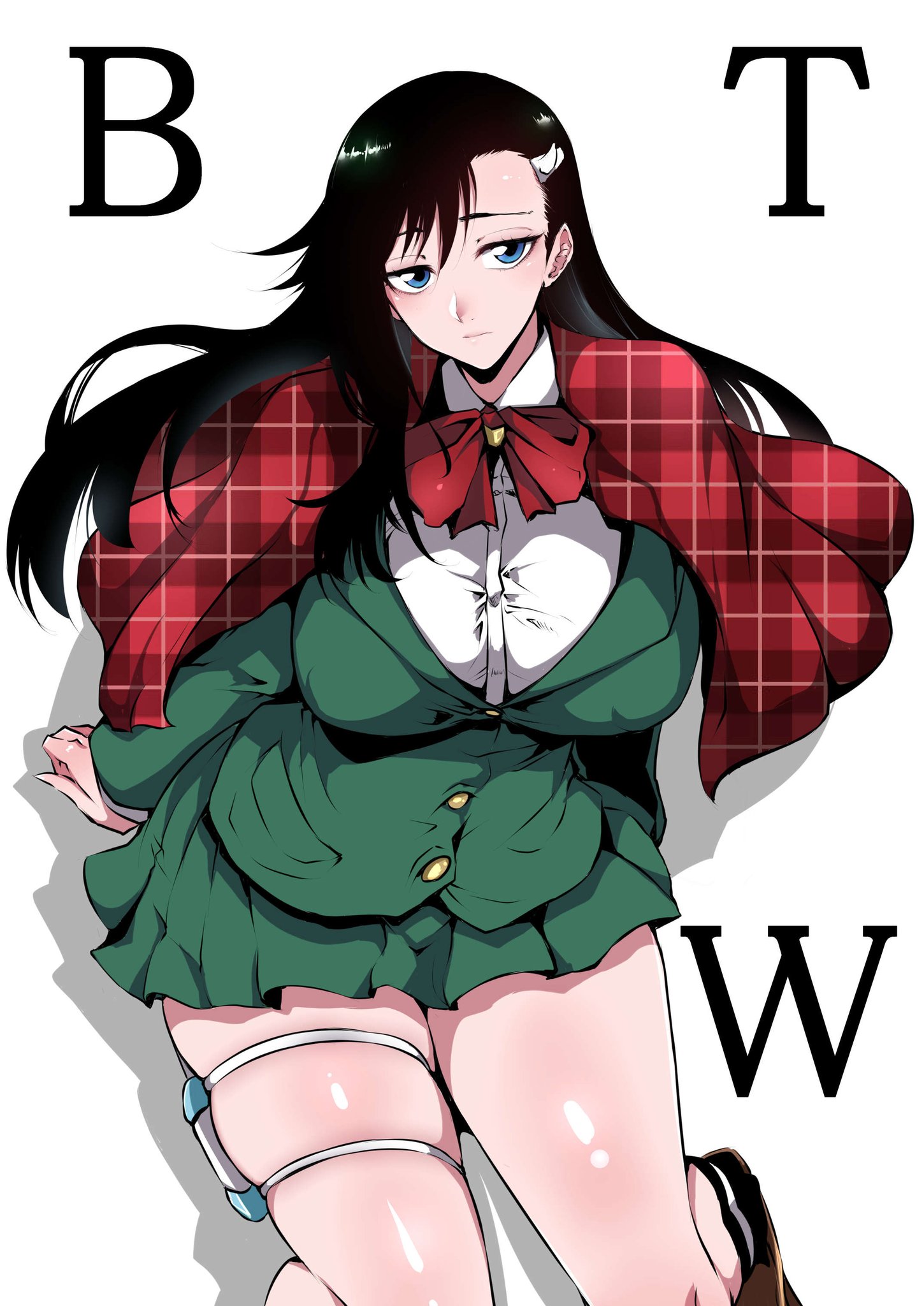1girls, big breasts, black hair, black text, bleach, blue eyes, breasts, brown shoes, burn the witch, cape, female, gggg, hair ornament, hair ribbon, large breasts, leg strap, long hair, looking at viewer, necktie, noel niihashi, plaid neckwear, ribbon, school uniform, solo, sultry eyes, thick thighs, white background