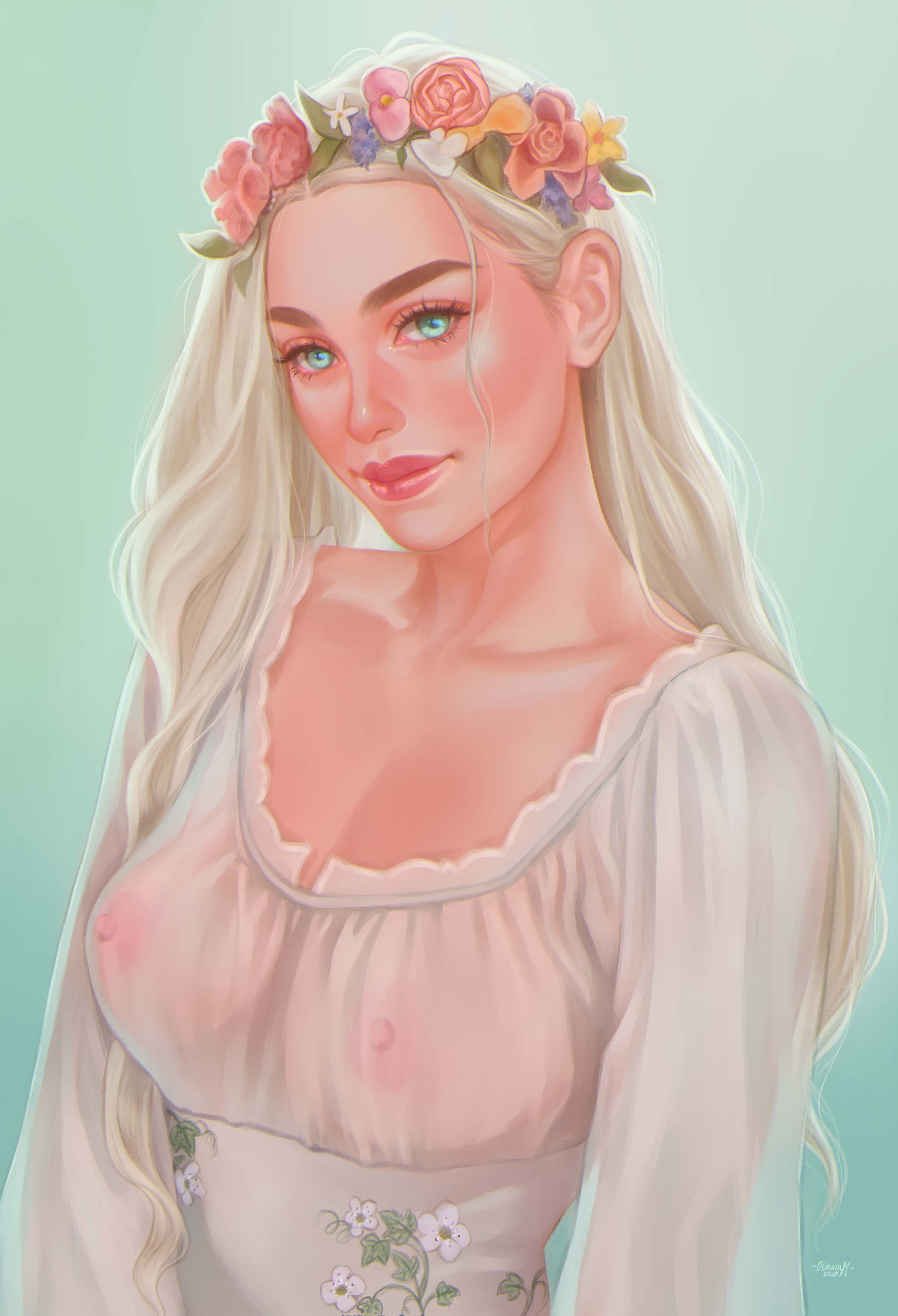 1girls, aesthetic, areolae, big breasts, breasts, cottagecore, female, female only, flower, flower crown, large breasts, looking at viewer, nipples, othalam, solo, transparent clothing