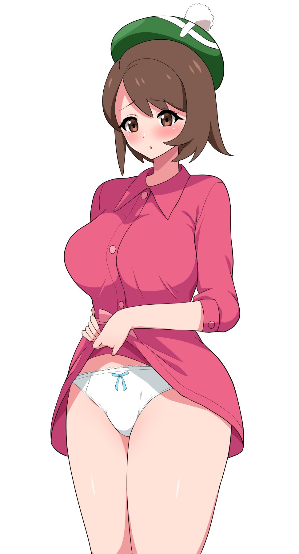 1girls, aikome (haikome), big breasts, blush, bow panties, breasts, brown eyes, brown hair, dress lift, female, gloria (pokemon), haikome, hat, human, light skin, light-skinned female, nintendo, pale skin, pale-skinned female, panties, pokemon, pokemon ss, presenting, presenting panties, short hair, thick thighs, white background, white skin