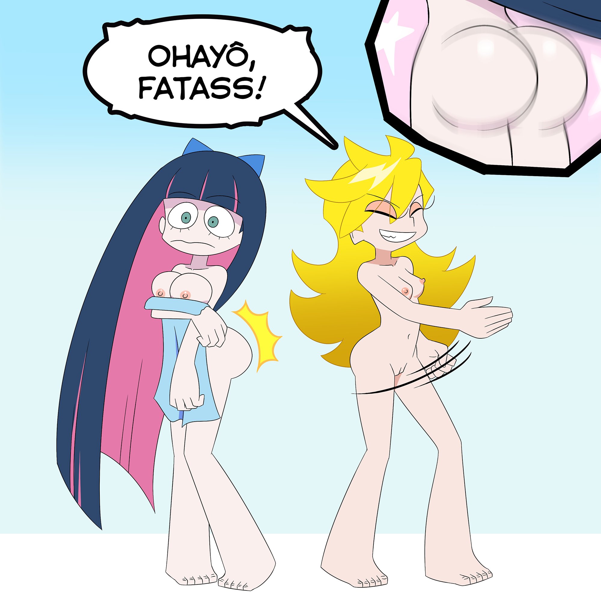 1:1, 2girls, angel, ass, big ass, blonde hair, blue eyes, blue hair, bluebullpen, breasts, bubble ass, bubble butt, eyeshadow, female, female only, hair ribbon, light skin, light-skinned female, long hair, multiple females, multiple girls, nails, pale skin, pale-skinned female, panty & stocking with garterbelt, panty anarchy, pink hair, pussy, sisters, spanking, speech bubble, stocking anarchy, surprised, text, thick ass, towel, two-tone hair