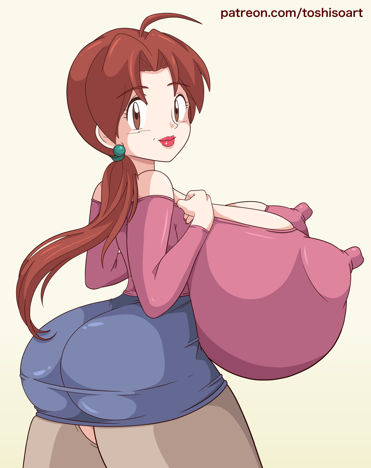 1girls, ass, ass in dress, big ass, breasts, brown eyes, brown hair, delia ketchum (pokemon), erect nipples, erection under clothes, female, huge breasts, lipstick, long hair, mature female, milf, mother, nintendo, nipples, pantyhose, pokemon, pokemon (anime), red lipstick, skirt, toshiso, white background