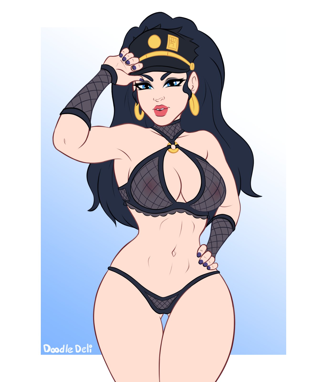 1girls, arm up, artist name, black hair, black hat, blue eyes, blue hair, blue nails, bra, breasts, cleavage, clothing, curvy, doodledeli, earrings, eyelashes, eyeshadow, female, female jotaro, female only, fully clothed, hat, highres, hoop earrings, human, jojo's bizarre adventure, jotaro kujo, light skin, light-skinned female, lingerie, lips, long hair, looking at viewer, medium breasts, nails, navel, painted nails, panties, rule 63, sexually suggestive, shounen jump, simple background, solo, standing, stardust crusaders, teeth, thick thighs, wide hips