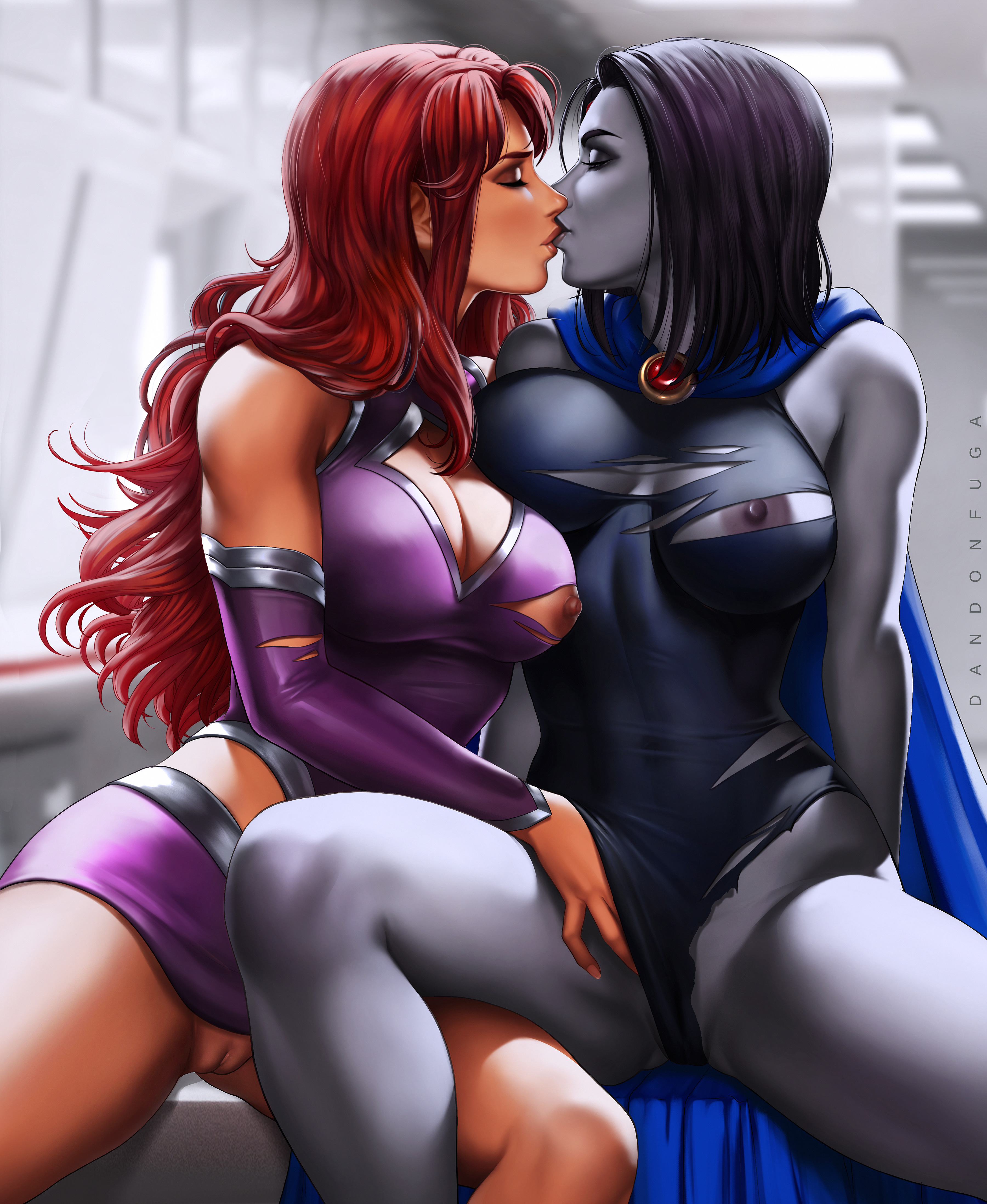 2girls, alien girl, alternate breast size, big breasts, breasts, cartoon network, cleavage, cloak, couple, dandon fuga, dc, dc comics, demon, demon girl, duo, exposed nipples, exposed pussy, eyes closed, female, female only, fingering, grey skin, hourglass figure, kissing, koriand'r, large breasts, lesbian, long hair, love, multiple females, multiple girls, mutual yuri, outerwear, pale skin, purple hair, pussy, rachel roth, raven (dc), romantic, romantic couple, short hair, spread legs, starfire, straight hair, teen titans, torn clothes, yuri