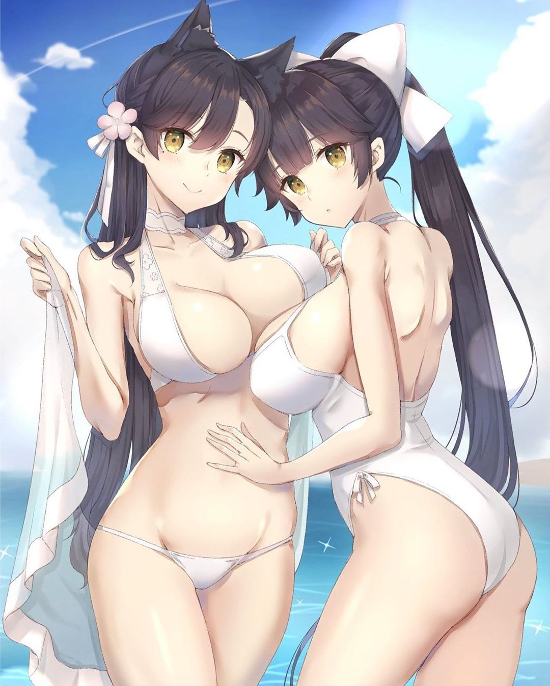 2girls, atago (azur lane), atago (summer march) (azur lane), azur lane, beach, bikini, black hair, female, flower on head, light skin, light-skinned female, multiple females, multiple girls, outdoors, sakura empire (azur lane), sisters, swimsuit, takao (azur lane), takao (beach rhapsody) (azur lane), white bikini, white bra, white swimsuit, yellow eyes, yuzu-aki (yuzu aki55)