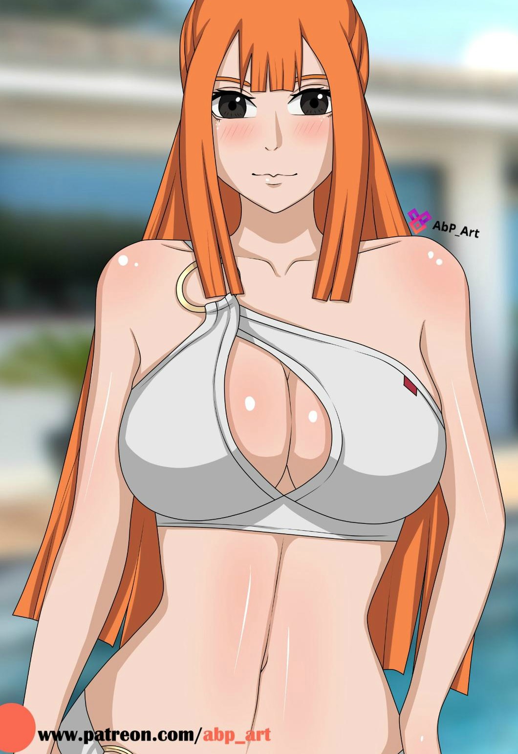 1girls abp_art bare_shoulders big_breasts bikini black_eyes blush cleavage cutout female female_only fuuma_sasame long_hair looking_at_viewer naruto naruto_(classic) orange_hair smile solo upper_body