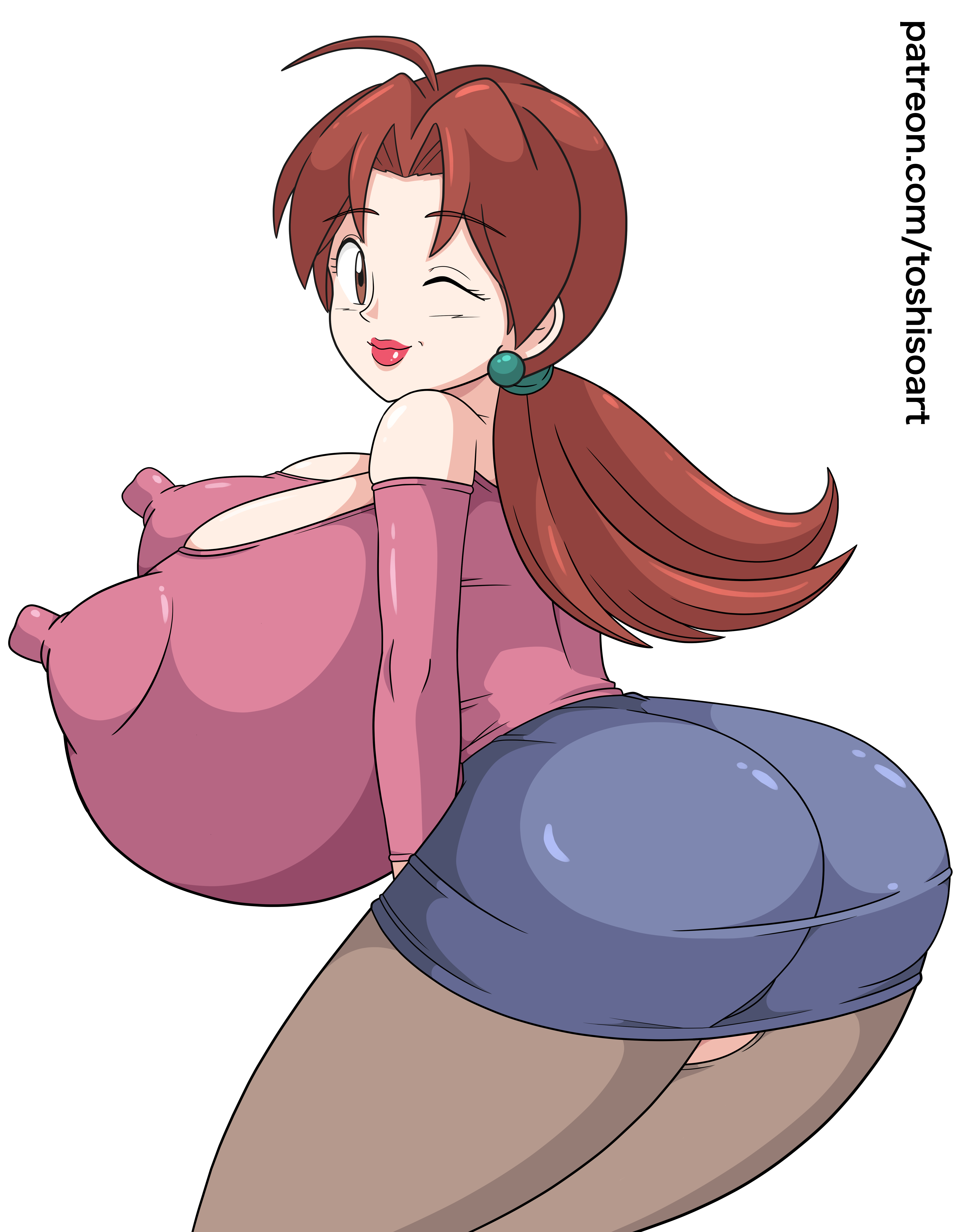 1girls, absurd res, ass, ass in dress, big ass, breasts, brown eyes, brown hair, delia ketchum (pokemon), erect nipples, female, game freak, huge breasts, lipstick, long hair, looking at viewer, mature female, milf, mother, nintendo, nipples, pantyhose, pokemon, pokemon (anime), ponytail, skirt, smile, toshiso, white background, wink