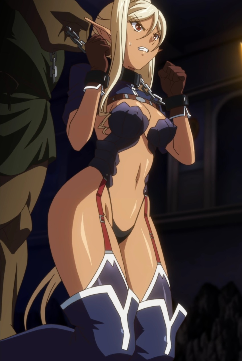 1girls, angry, blonde hair, choker, cloe (kuroinu), damsel in distress, dark elf, dark skin, dark-skinned female, elf, female, gloves, kneeling, kneeling female, kuroinu ~kedakaki seijo wa hakudaku ni somaru~, misogyny, nonude, prisoner, red eyes, resisting, restrained, revealing clothes, skimpy, skimpy clothes, slave, wrists to collar