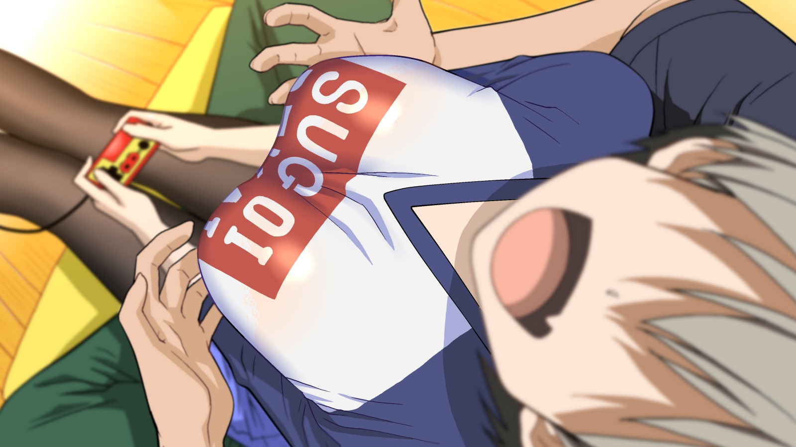 1boy, 1girls, ass, big breasts, blue eyes, breasts, cute, cute fang, eyelashes, female, fringe, grey hair, happy, inviting, inviting to sex, light skin, male, pale skin, pleasure face, provocative, rubbing, sakurai shinichi, school uniform, schoolgirl, shinobu tan'ei, shinobu tanei, short hair, silver hair, sitting on person, teenager, two-tone hair, uzaki hana, uzaki-chan wa asobitai!, video games