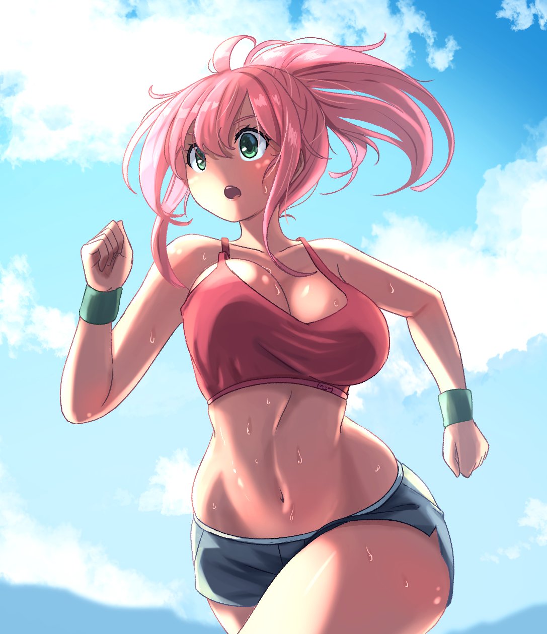 1girls, big breasts, booty shorts, breasts, cleavage, curvy, female, female only, green eyes, huge breasts, kaynimatic, pink hair, pink-haired girl (kaynimatic), solo, sweat