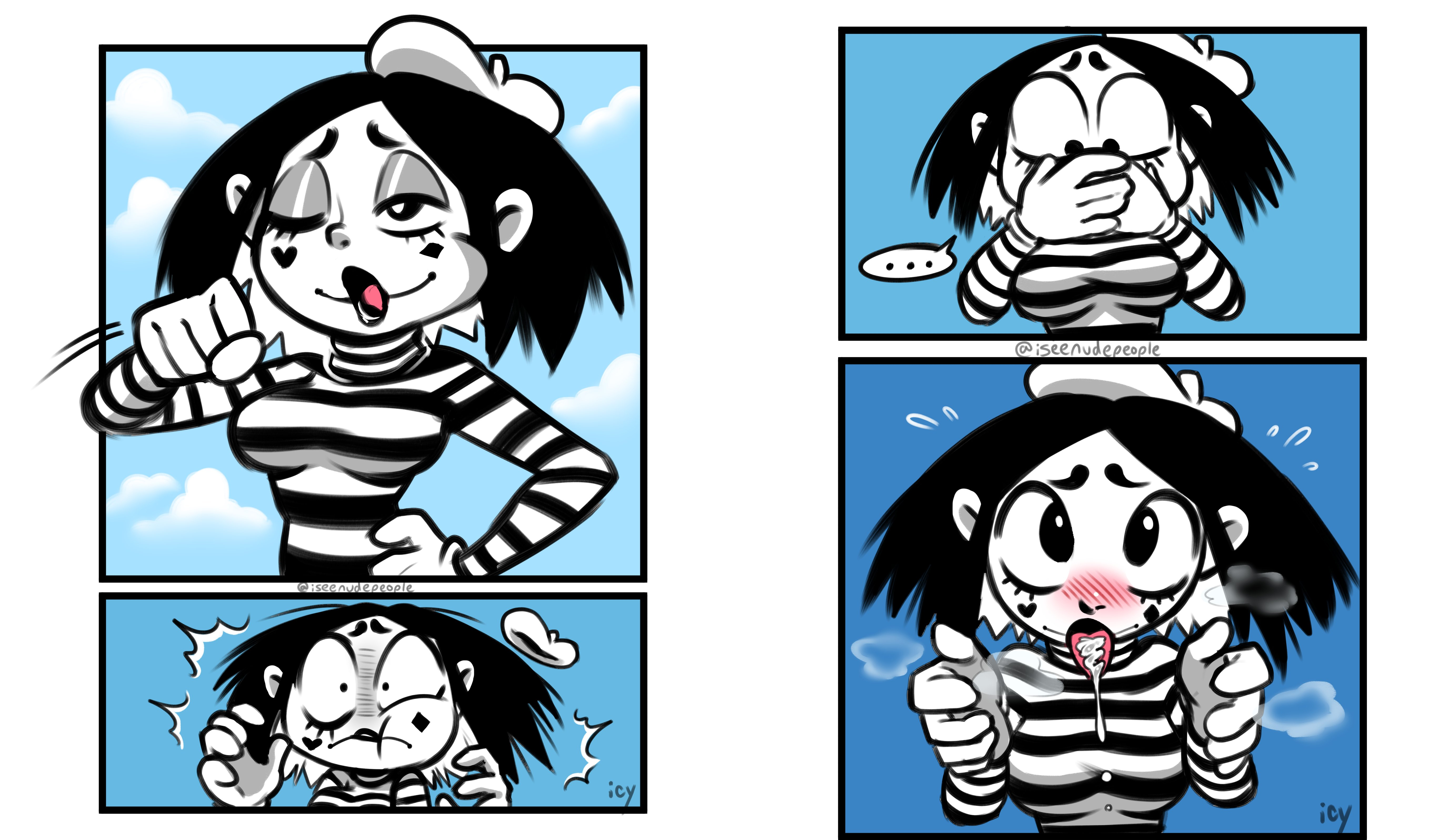 1girls, absurdres, blowjob, blowjob face, blush, breasts, cum, cum in mouth, cum on tongue, edit, female, female only, henriette the mime, highres, invisible penis, iseenudepeople, male, mime, open mouth, oral, penis, tongue, tongue out