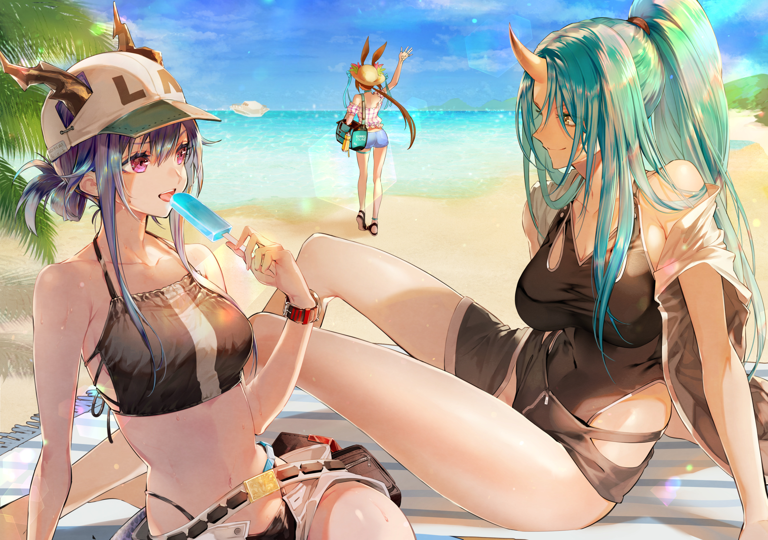 3girls, alternate costume, amiya (arknights), animal ears, arknights, bangs, bare shoulders, baseball cap, beach, blue hair, bunny ears, bunny girl, ch'en (arknights), clouds, day, dragon girl, dragon horns, dragon tail, female, female tourist c (arknights), green hair, hat, horn, horns, horns through headwear, hoshiguma (arknights), long hair, multiple females, multiple girls, navel, ocean, oni, palm tree, ponytail, popsicle, purple eyes, sanbabasanba, shorts, sun hat, swimsuit, tail, towel, watch, wristwatch, yellow eyes