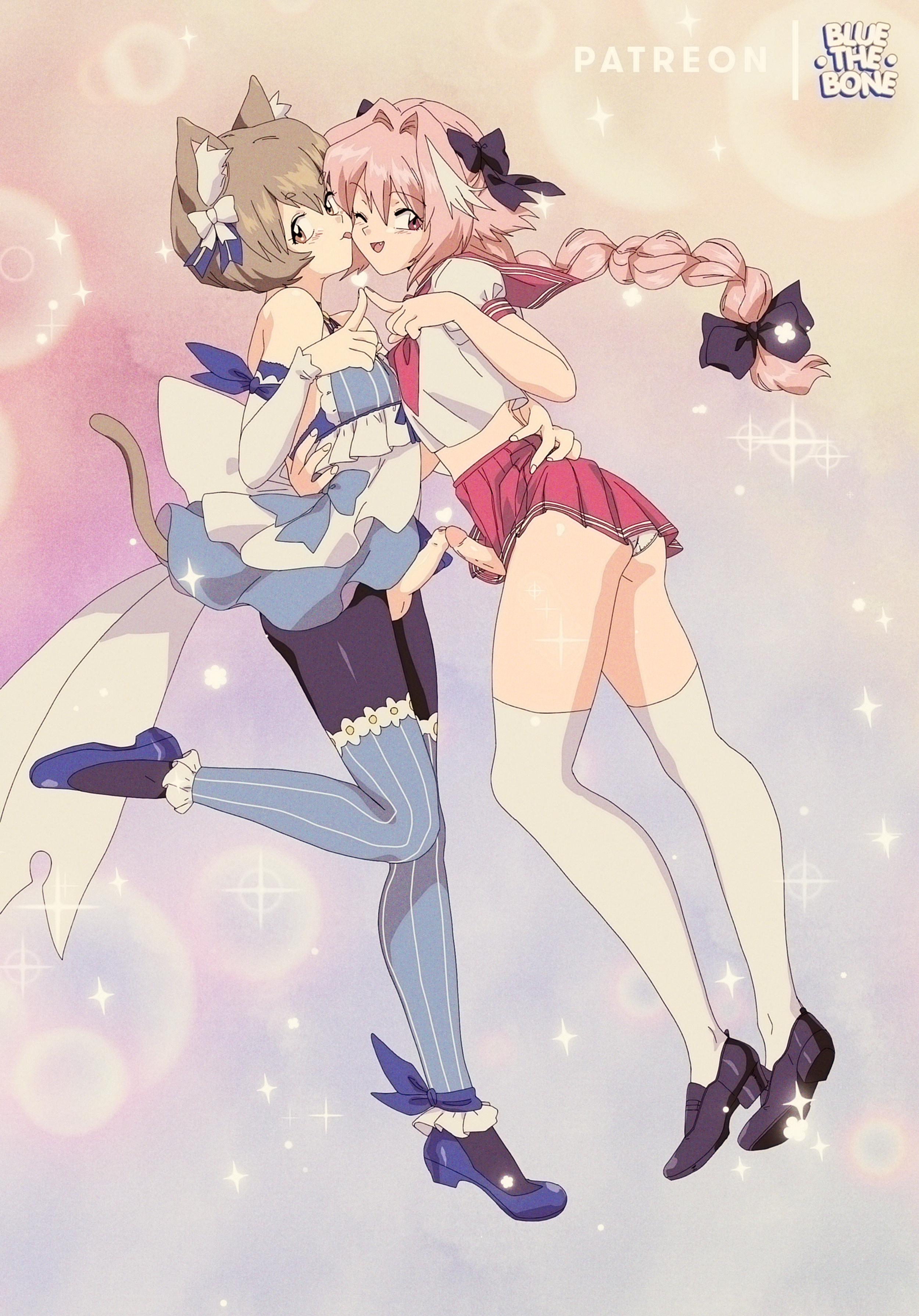 ;d, :p, 2boys, animal ears, artist name, ass, astolfo (fate), balls, black bow, black ribbon, blue legwear, bluethebone, bow, braid, braided ponytail, brown eyes, brown hair, cat ears, cat tail, commentary request, crossover, detached sleeves, english commentary, erection, eyebrows visible through hair, fate (series), fate/apocrypha, fate/grand order, felix argyle, femboy, foreskin, frottage, full body, girly, hair ribbon, hairbow, highres, long hair, looking at viewer, male, male only, multiple boys, multiple males, one eye closed, open mouth, otoko no ko, pantyhose, patreon username, penis, penises touching, pink hair, re:zero kara hajimeru isekai seikatsu, red eyes, red skirt, retro artstyle, ribbon, school uniform, serafuku, short hair, skirt, smile, striped, striped legwear, tagme, tail, testicles, thighhighs, tongue, tongue out, torn clothes, torn legwear, trap, trap on trap, uncensored, uncircumcised, uncut, vertical stripes, vertical-striped legwear, white bow, white legwear, yaoi