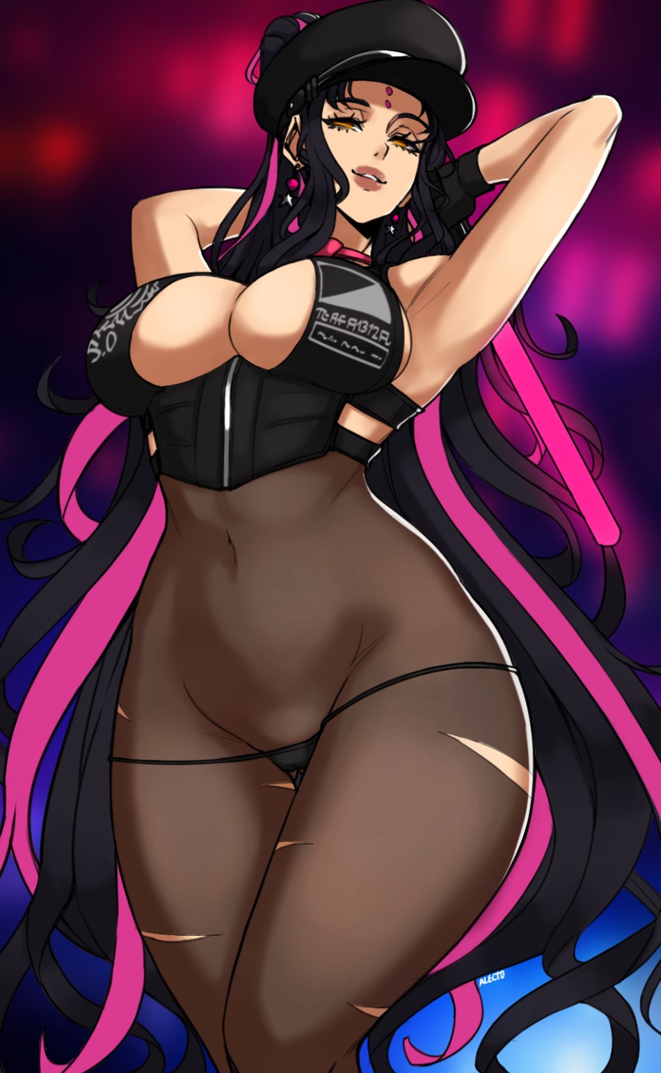 alecto_0 black_hair bodystocking breasts cleavage_cutout clothing earrings fate/grand_order fate_(series) female female_focus female_only forehead_mark hat light_stick lips pink_hair pov sesshouin_kiara sesshouin_kiara_(swimsuit_mooncancer)_(fate) side-tie_panties solo solo_female torn_bodystocking torn_bodysuit two_tone_hair very_long_hair yellow_eyes