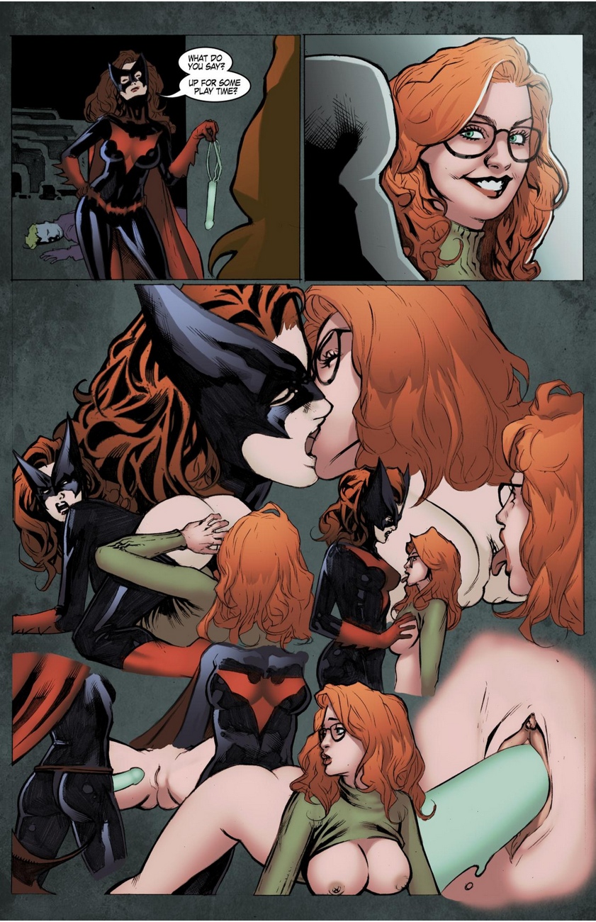 ass barbara_gordon batman_(series) batwoman bent_over breasts comic dc dc_comics dialogue dialogue_bubble drugged female_only french_kiss from_behind glasses groping_breasts kate_kane kissing large_breasts legs_apart lesbian licking_breasts licking_pussy oracle pussy red_hair sex shade_jones smile spread_ass spread_legs strap-on yuri