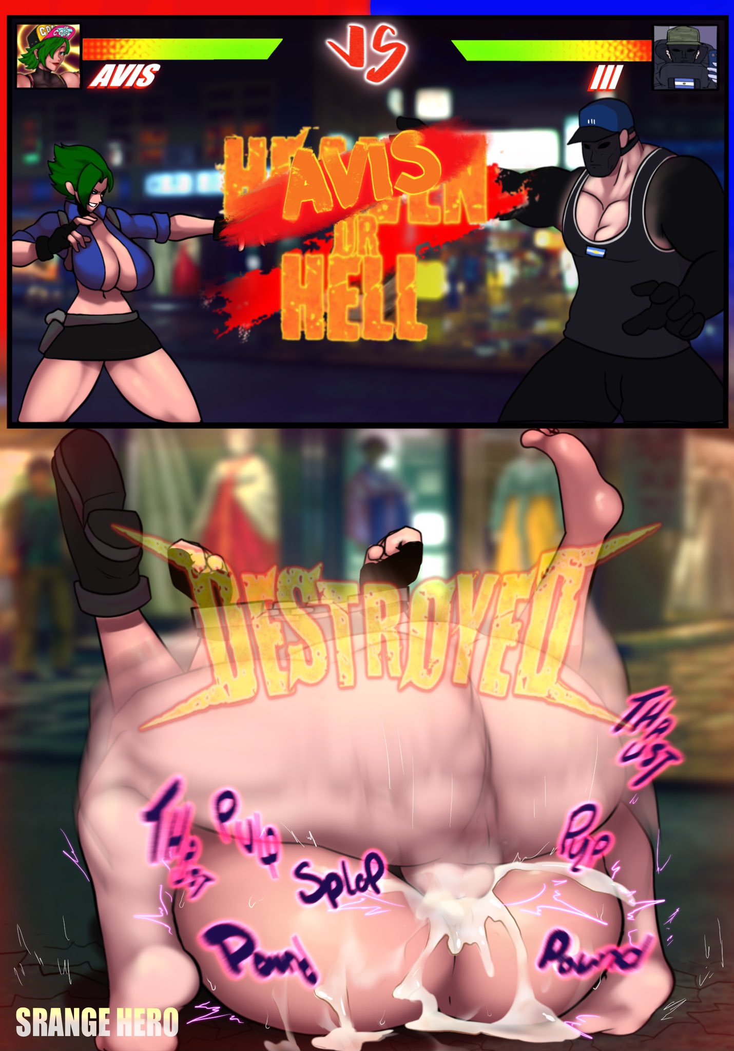 1boy, 1girls, anus, ass, avis (strangehero), backsack, balls, balls deep, balls slapping pussy, ballsack, barefoot, big breasts, blue eyes, breasts, captured, cum, cum drip, cum explosion, cum in pussy, cum inside, cumplosion, defeated, feet, feet up, female, female humiliation, game over, green hair, huge ass, huge breasts, instant loss 2koma, knocked out, knockout, large breasts, light skin, light-skinned male, male, mating press, missionary position, nude female, nude male, orgasm, original, pale skin, pale-skinned male, penis, public nudity, public sex, pussy, rough sex, sex, soles, straight, strangehero, tagme, thick thighs, toes, unseen male face, vaginal penetration, vaginal sex, watermark